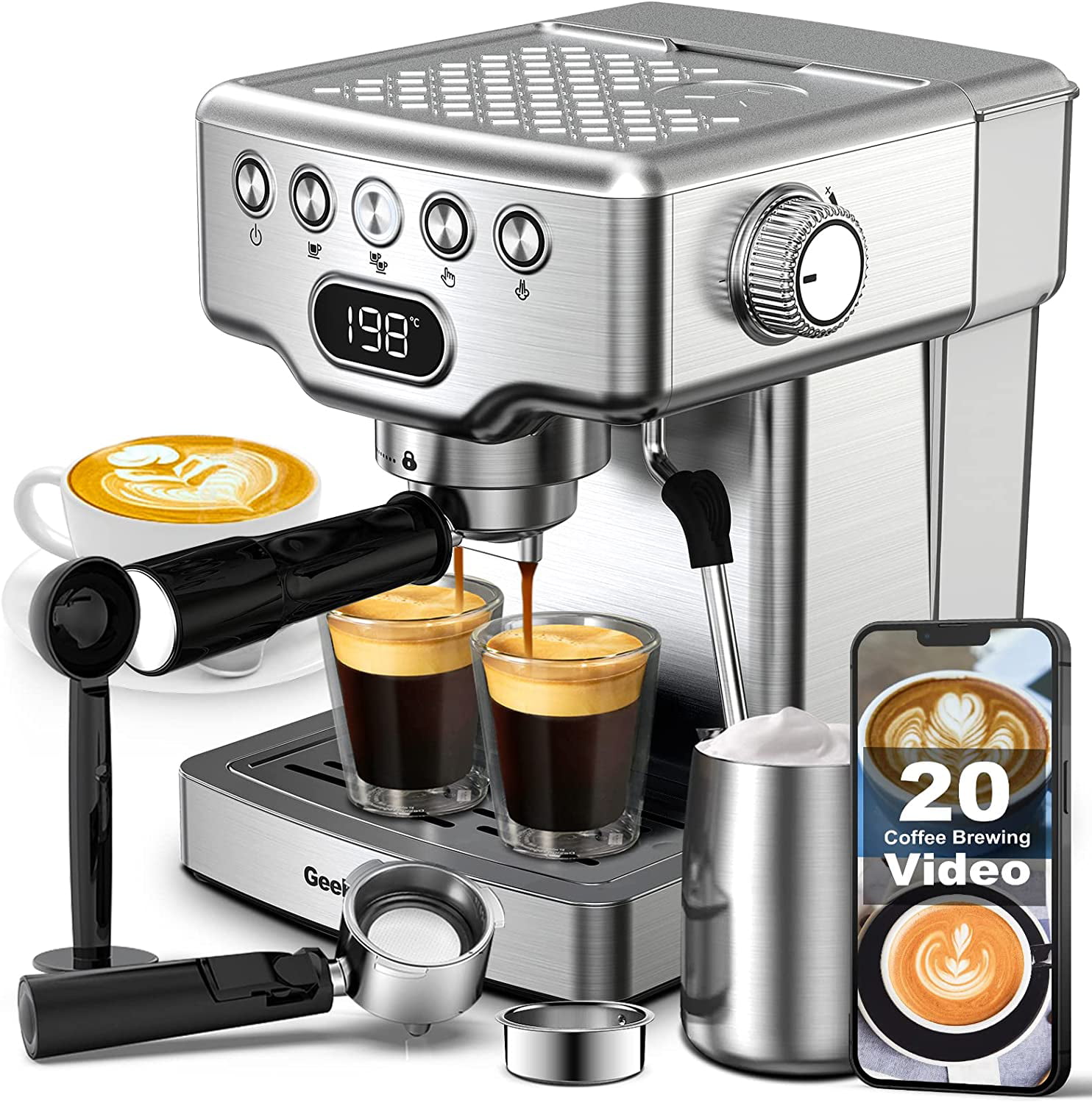 Geek Chef Espresso Machines. 20 Bar Espresso Maker for home. Latte & Cappuccino Maker with Milk Frother Steam Wand. Stainless steel