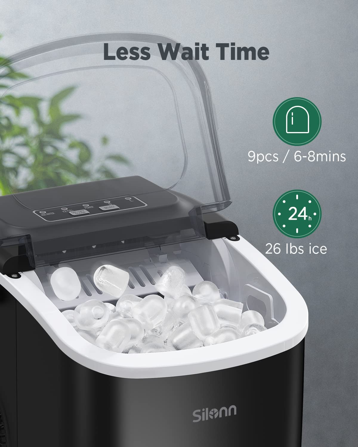 Silonn Countertop Ice Maker. 9 Cubes Ready in 6 Mins. 26lbs in 24Hrs. Self-Cleaning Ice Machine with Ice Scoop and Basket. 2 Sizes of Bullet Ice for Home Kitchen Office Bar Party. Black (SLIM09)
