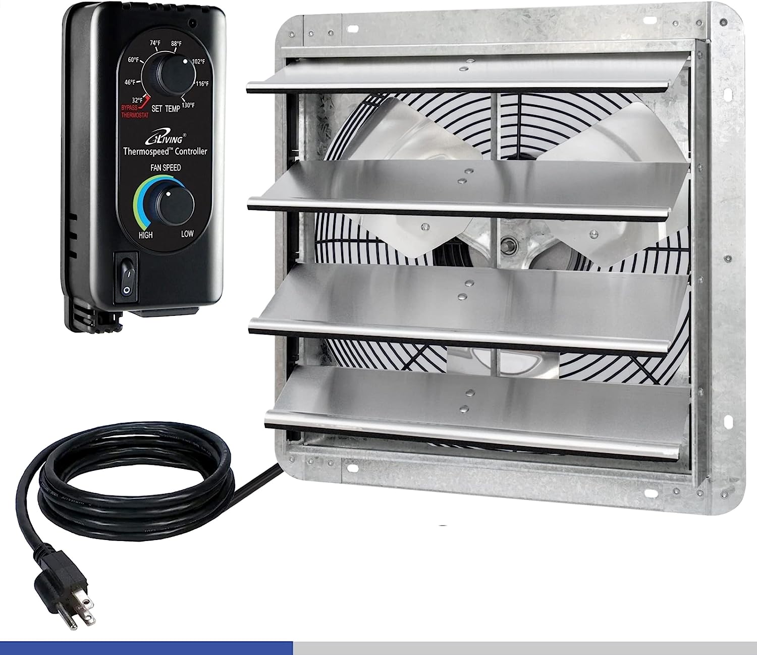 iLIVING 16″ Wall Mounted Shutter Exhaust Fan. Automatic Shutter. with Thermostat and Variable Speed controller. 0.85A. 1200 CFM. 1800 SQF Coverage Area Silver (ILG8SF16V-ST)