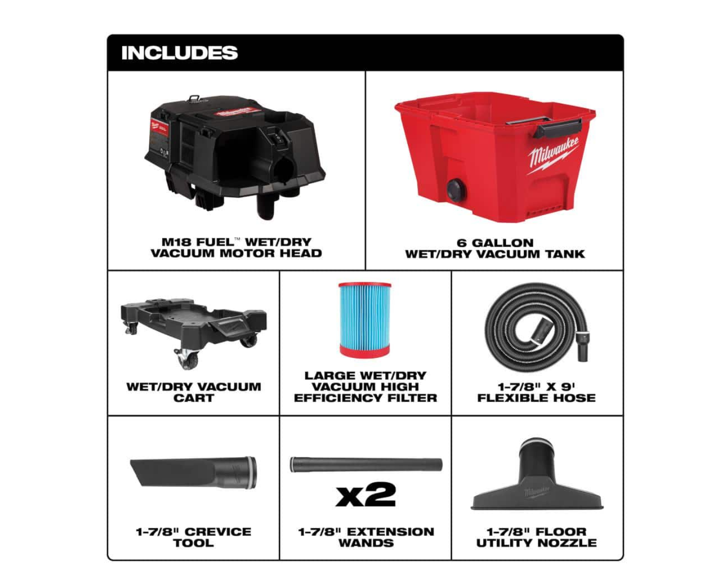 Milwaukee 0910-20 M18 FUEL 6 Gal. Cordless Wet/Dry Shop Vacuum with Filter. Hose. and Accessories