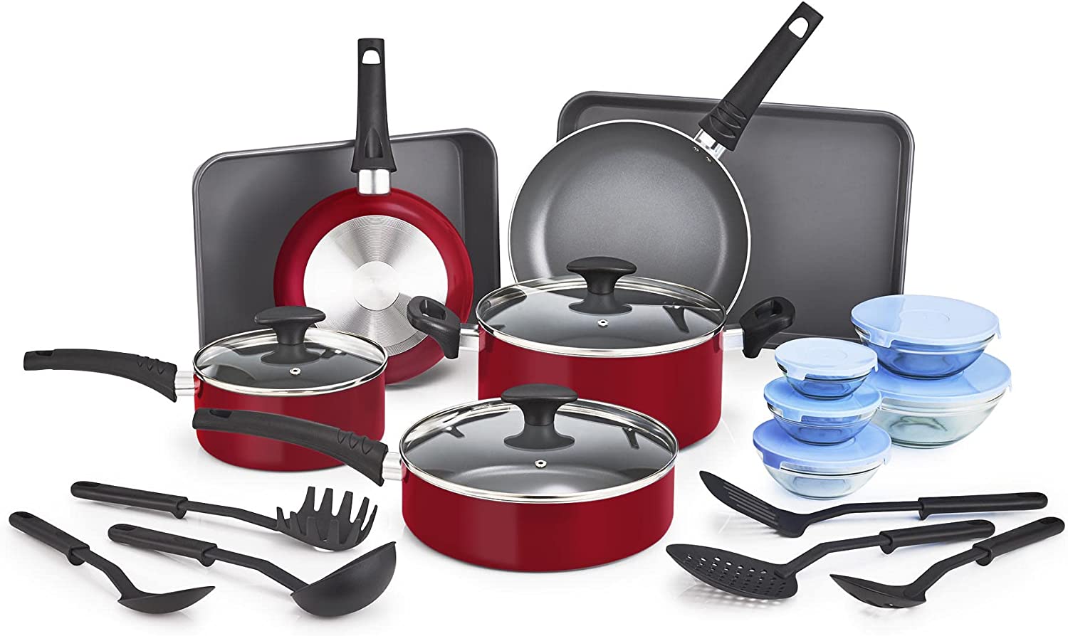 BELLA Nonstick Cookware Set with Glass Lids - Aluminum Bakeware. Pots and Pans. Storage Bowls & Utensils. Compatible with All Stovetops. 21 Piece. Red