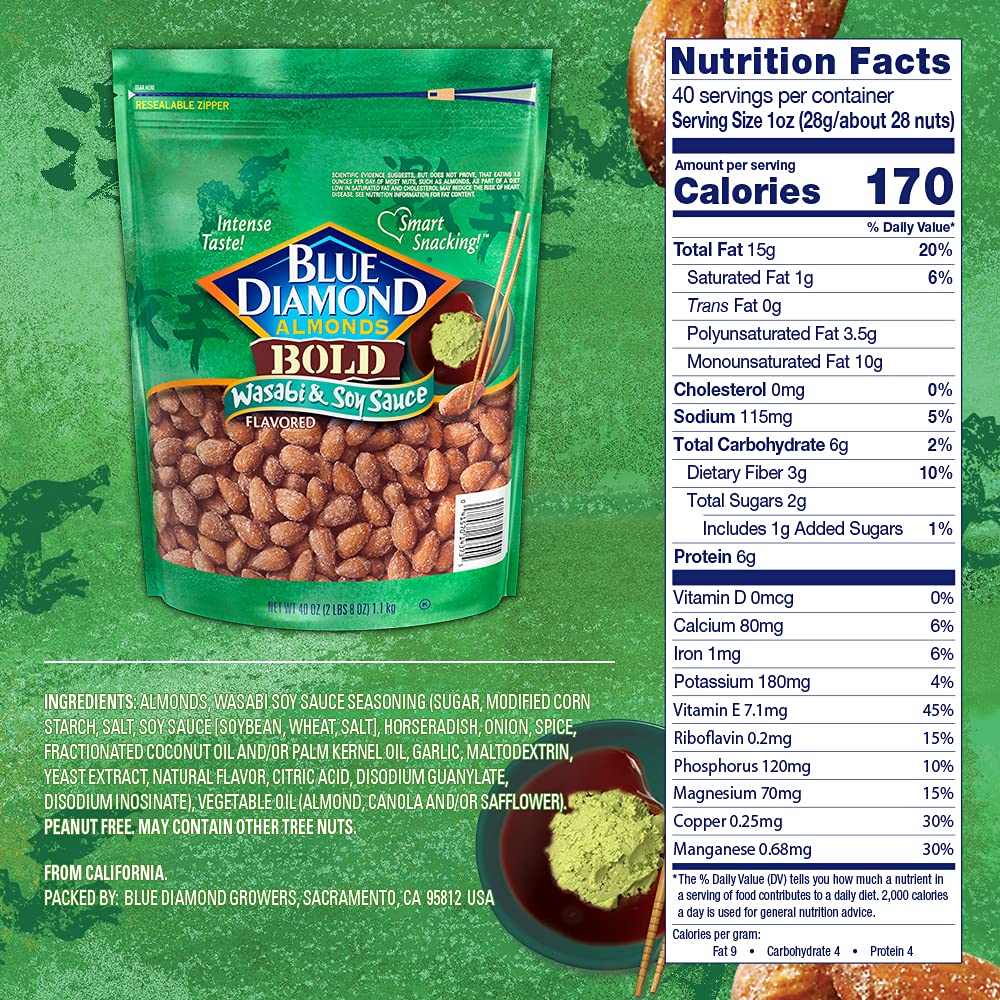 Blue Diamond. BOLD Wasabi & Soy Sauce Almond Snack Nuts. 40oz Bag