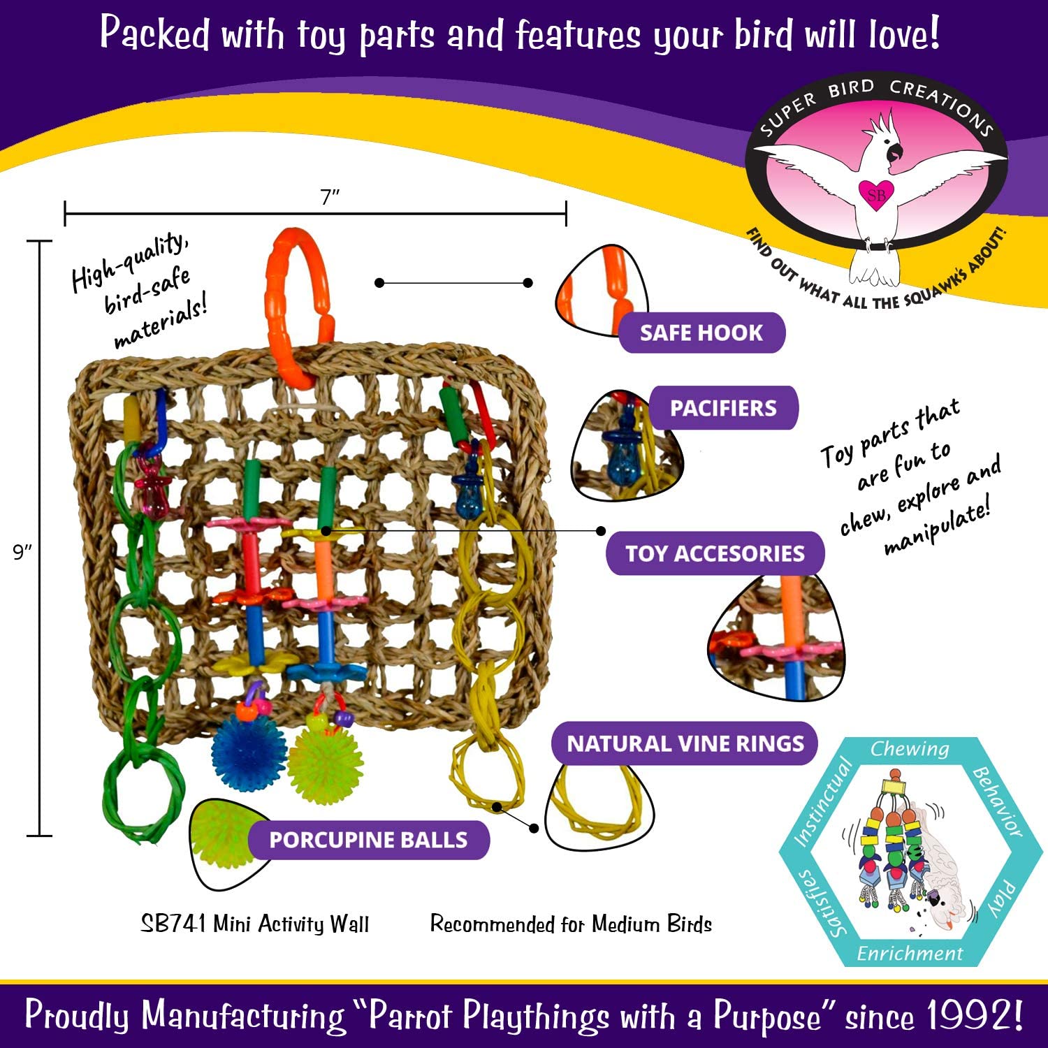 Super Bird Creations SB741 Seagrass Mini Activity Wall Bird Toy. Medium Bird Size. 9 x 7 x 2