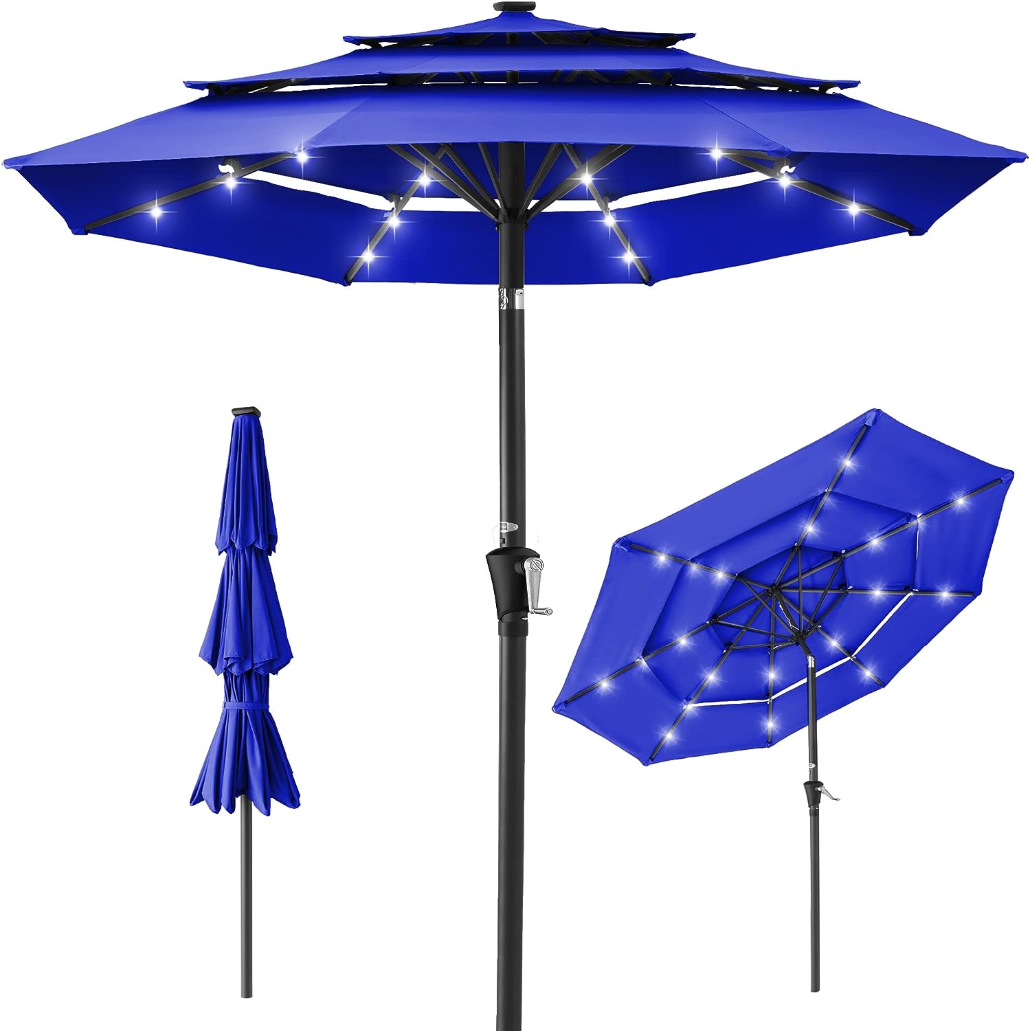 Best Choice Products 10ft 3-Tier Solar Patio Umbrella. Outdoor Market Sun Shade for Backyard. Deck. Poolside w/ 24 LED Lights. Tilt Adjustment. Easy Crank. 8 Ribs - Resort Blue