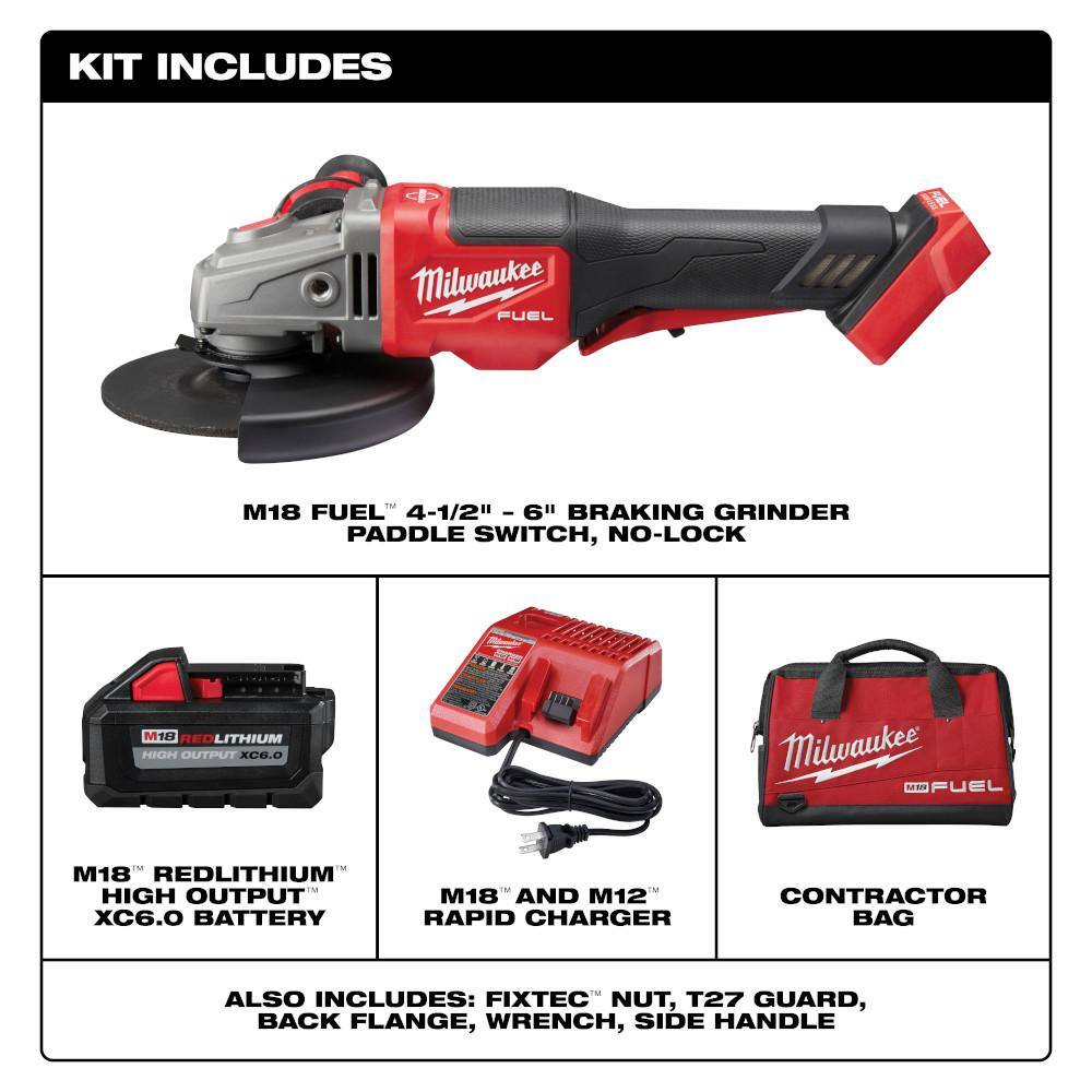 Milwaukee 2980-21 M18 FUEL 18V Lithium-Ion Brushless Cordless 4-1/2 in./6 in. Grinder with Paddle Switch Kit and One 6.0 Ah Battery
