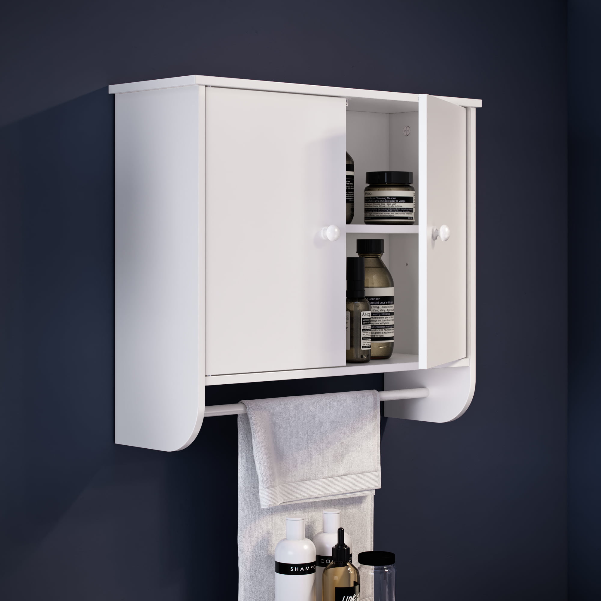 RiverRidge Home Medford Bath Two Door Wall Storage Cabinet with Towel Bar and 2 Shelves. White