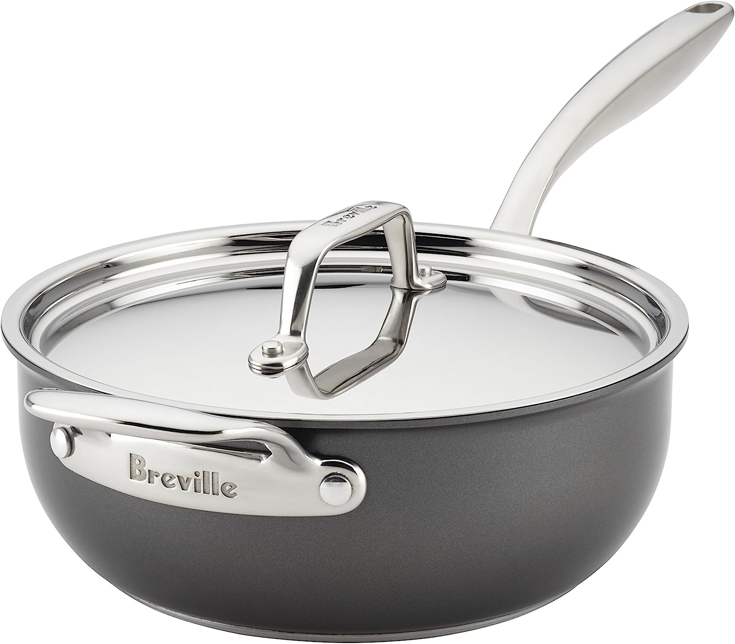 Breville Thermal Pro Hard Anodized Nonstick Sauce Pan/Saucepan/Saucier with Lid. 2.5 Quart. Gray