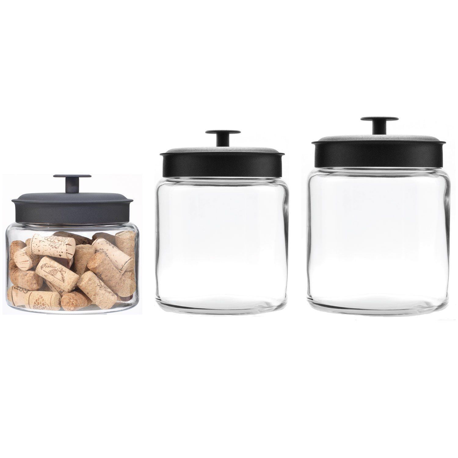 Anchor Hocking 3-Piece Montana Clear Glass Jar Storage Set with Black Metal Lids. 26-Cups