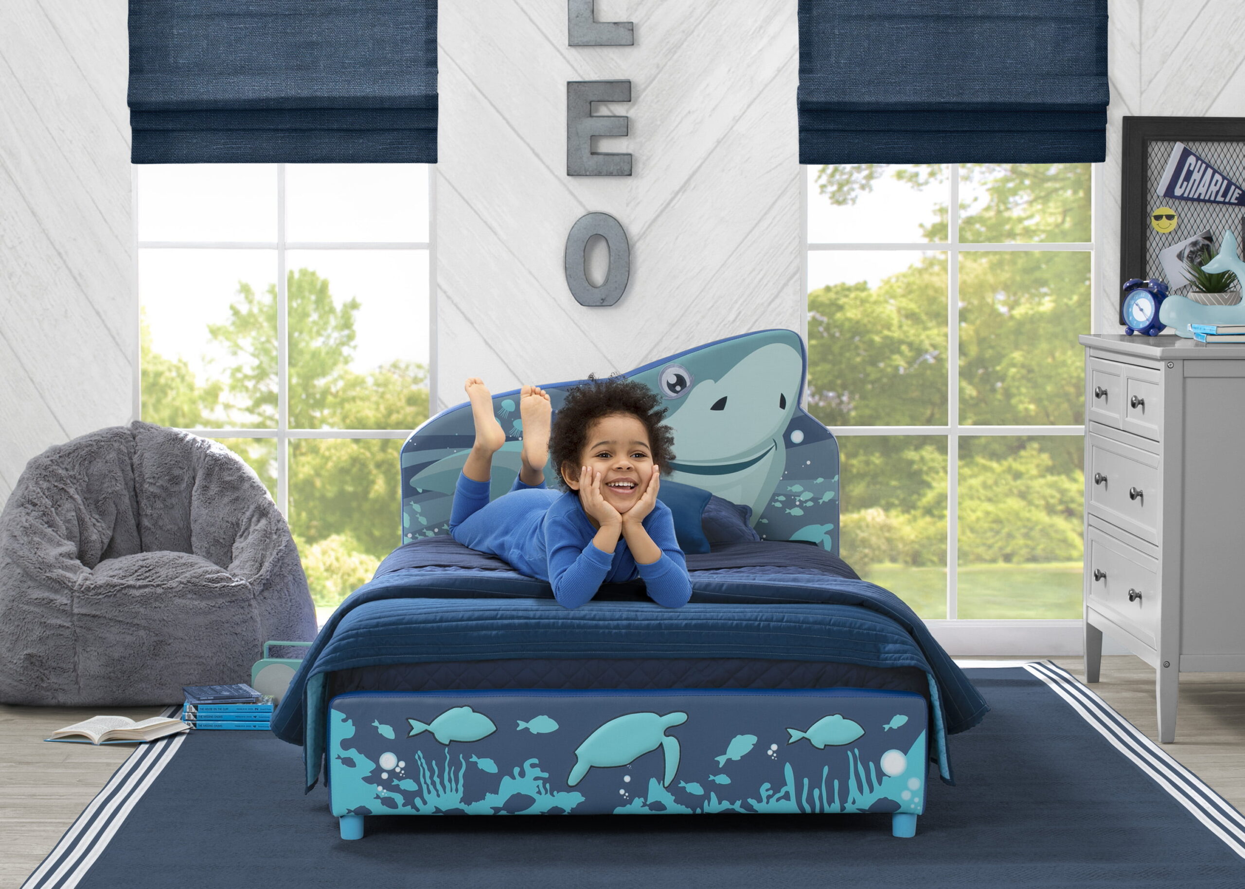 Delta Children Shark Upholstered Twin Bed. Blue