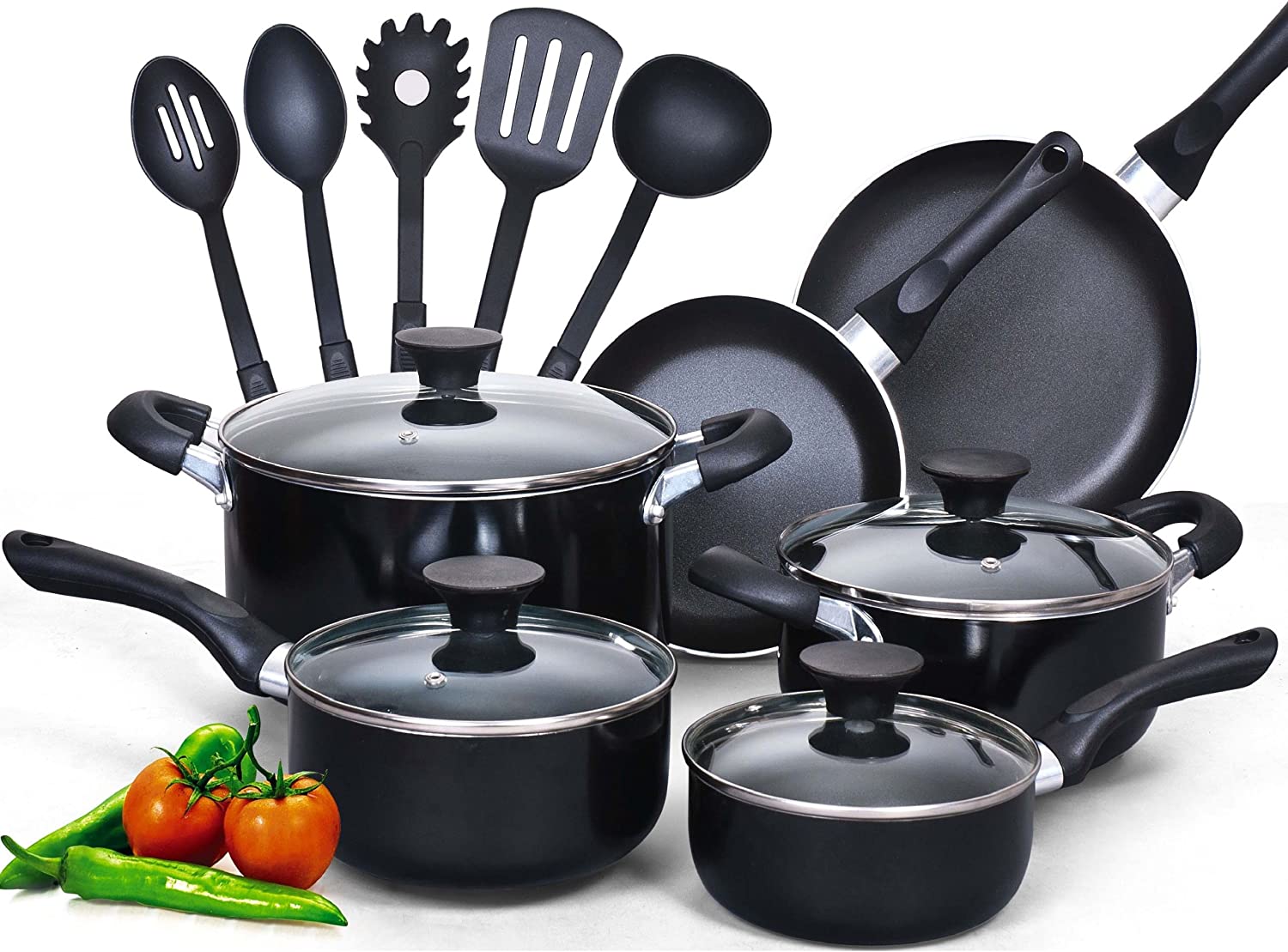 Cook N Home 15-Piece Nonstick Stay Cool Handle Cookware Set. Black