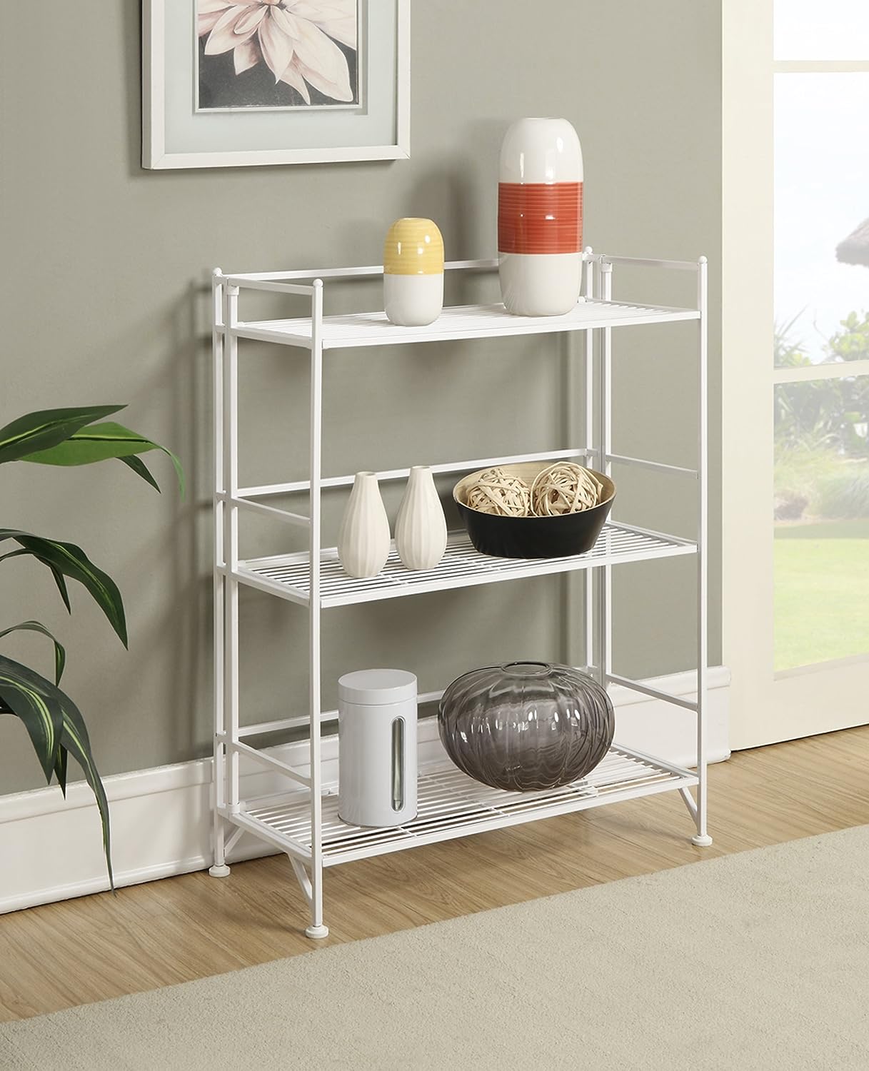 Convenience Concepts Xtra Storage Shelves-3-Tier Wide Folding Metal. Modern Shelves Display in Living Room. Bathroom. Office. Kitchen. Garage. White