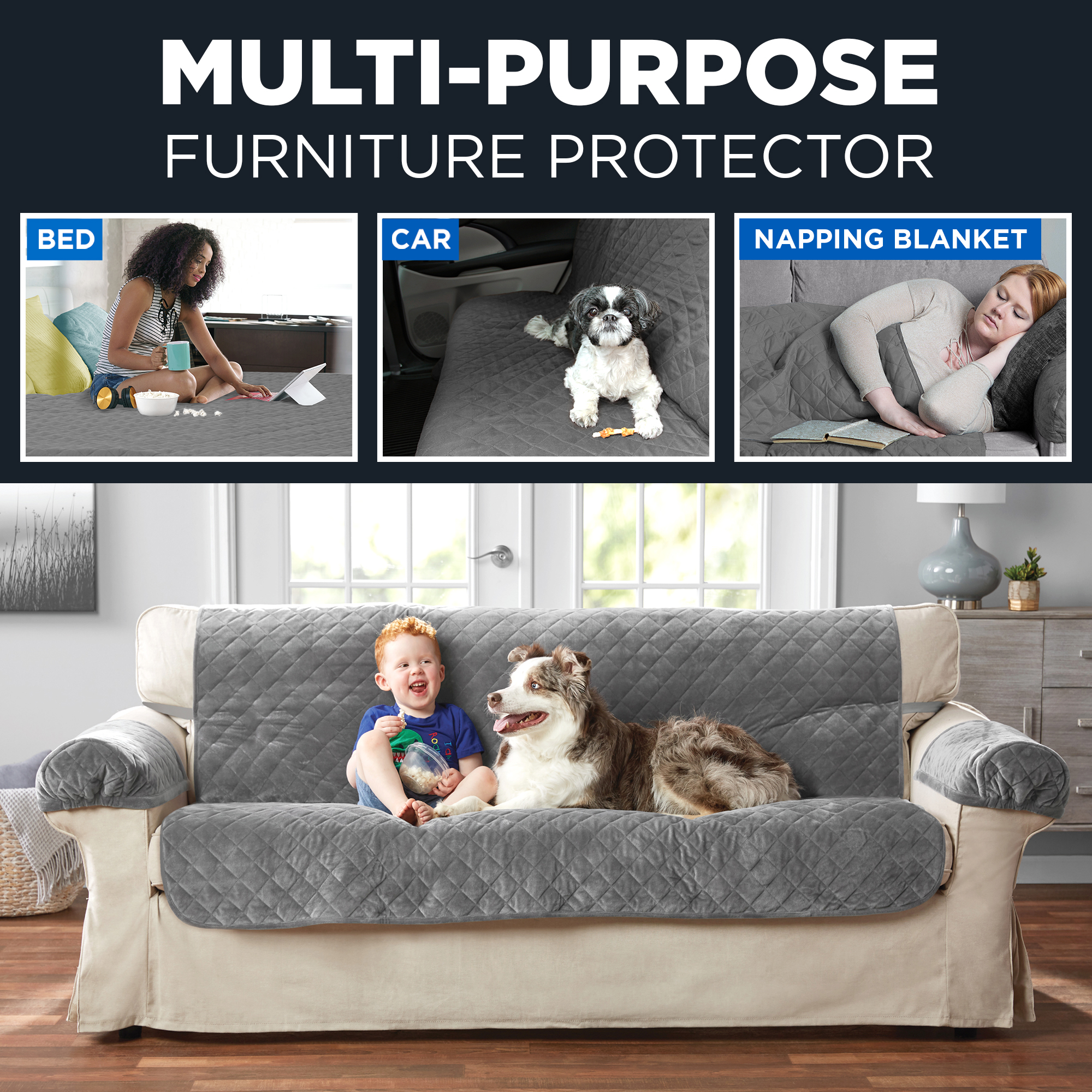 Mainstays Sofa Quilted Plush Fabric Pet Cover Multipurpose Furniture Protector. Gray. 3-Piece