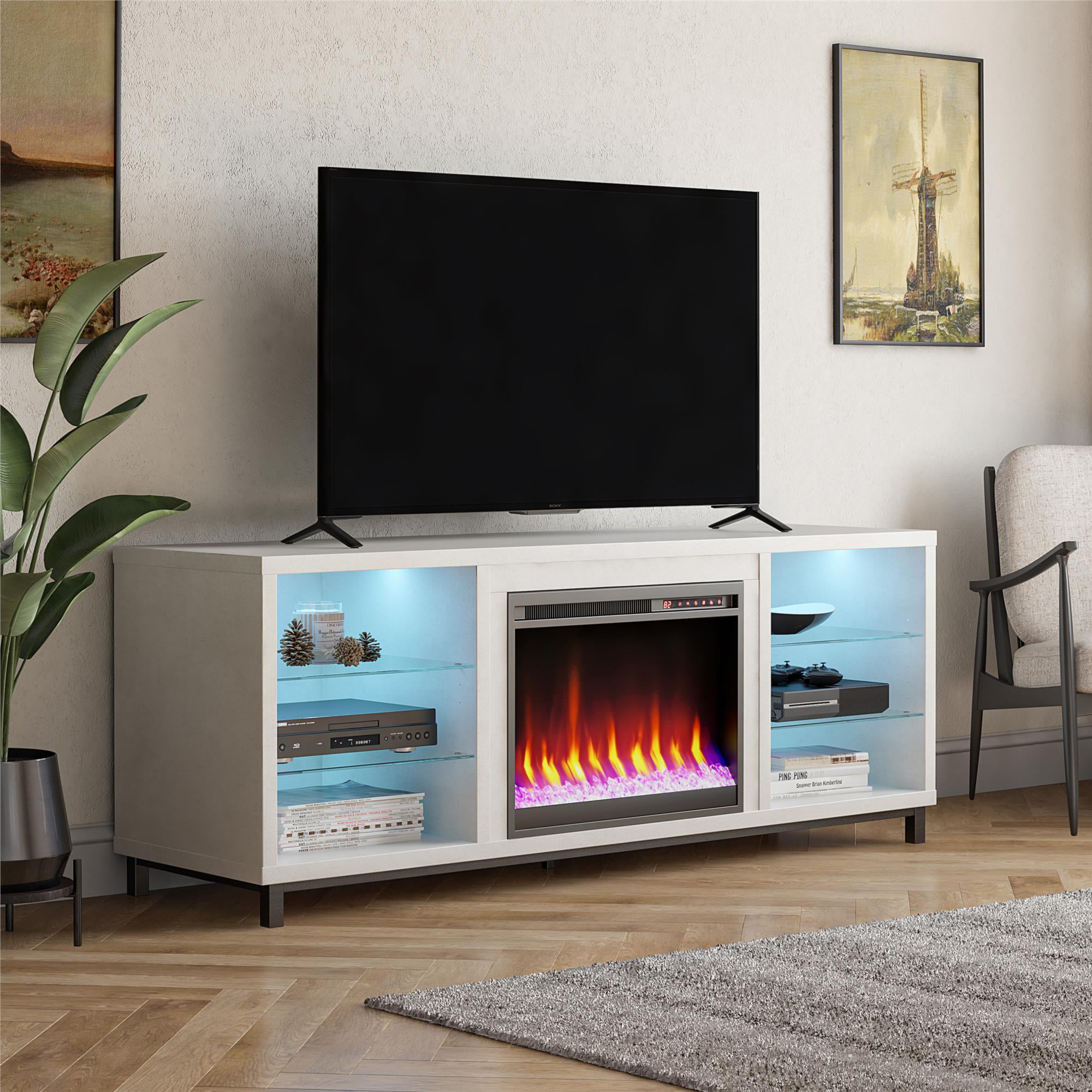 Ameriwood Home Lumina Deluxe Fireplace TV Stand for TVs up to 70″. White Plaster
