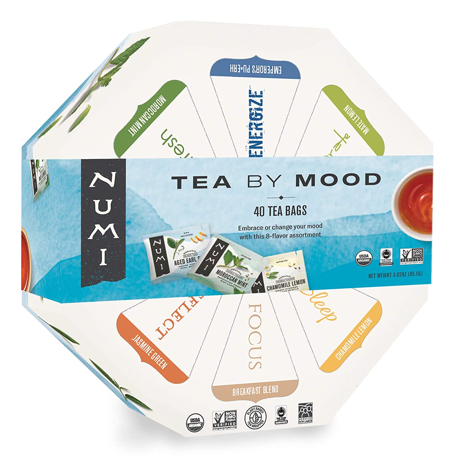 Numi Organic Tea By Mood Gift Set. 40 Count Tea Bag Assortment. Herbal Teas