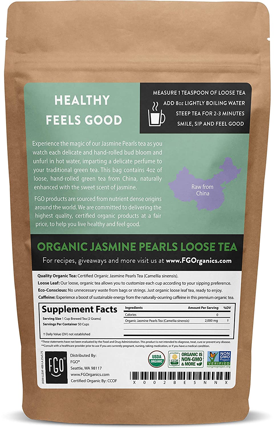 FGO Organic Jasmine Pearls Green Tea Brew 50 Cups. 4oz/113g Resealable Kraft Bag