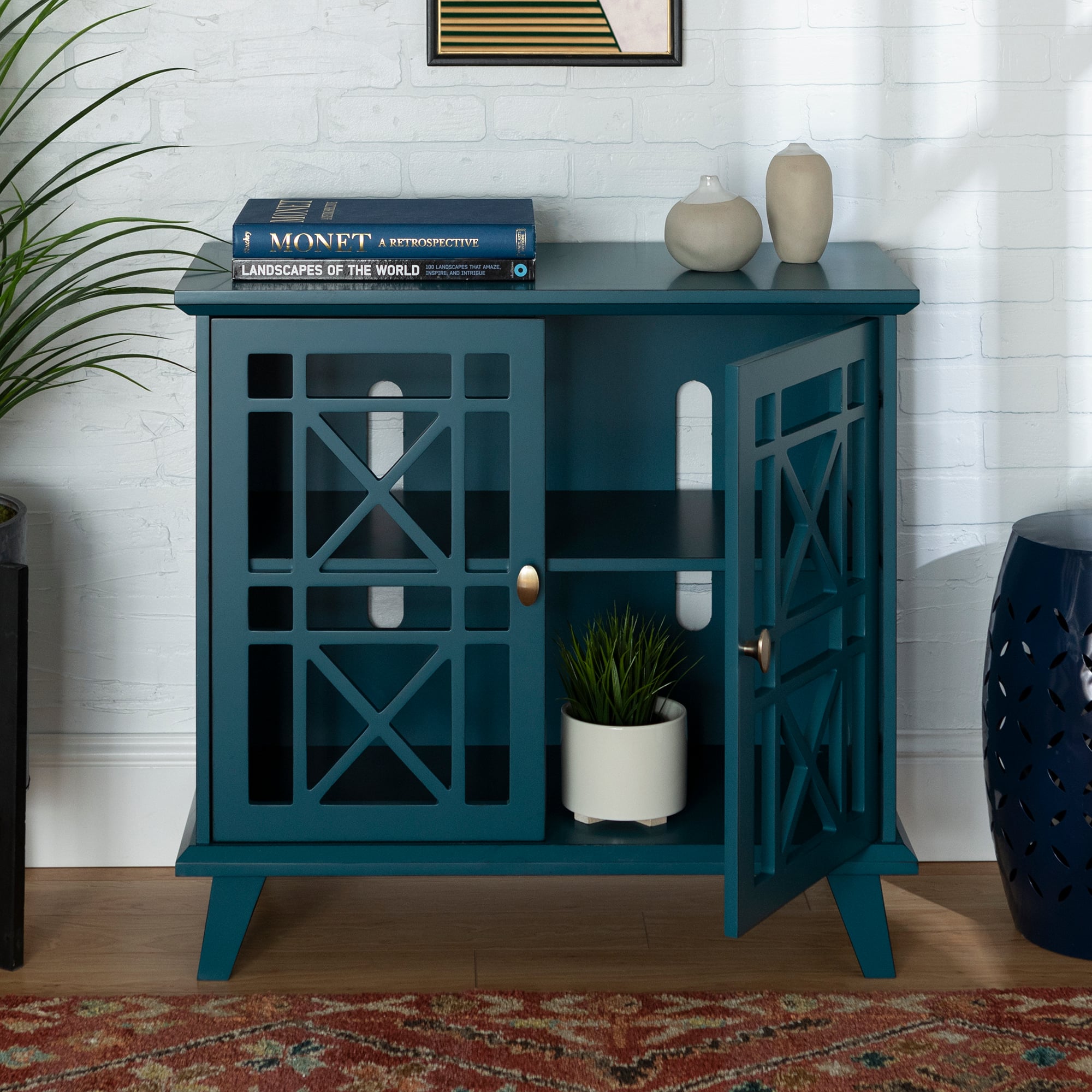 Walker Edison 32″ Blue Fretwork Accent Storage Cabinet