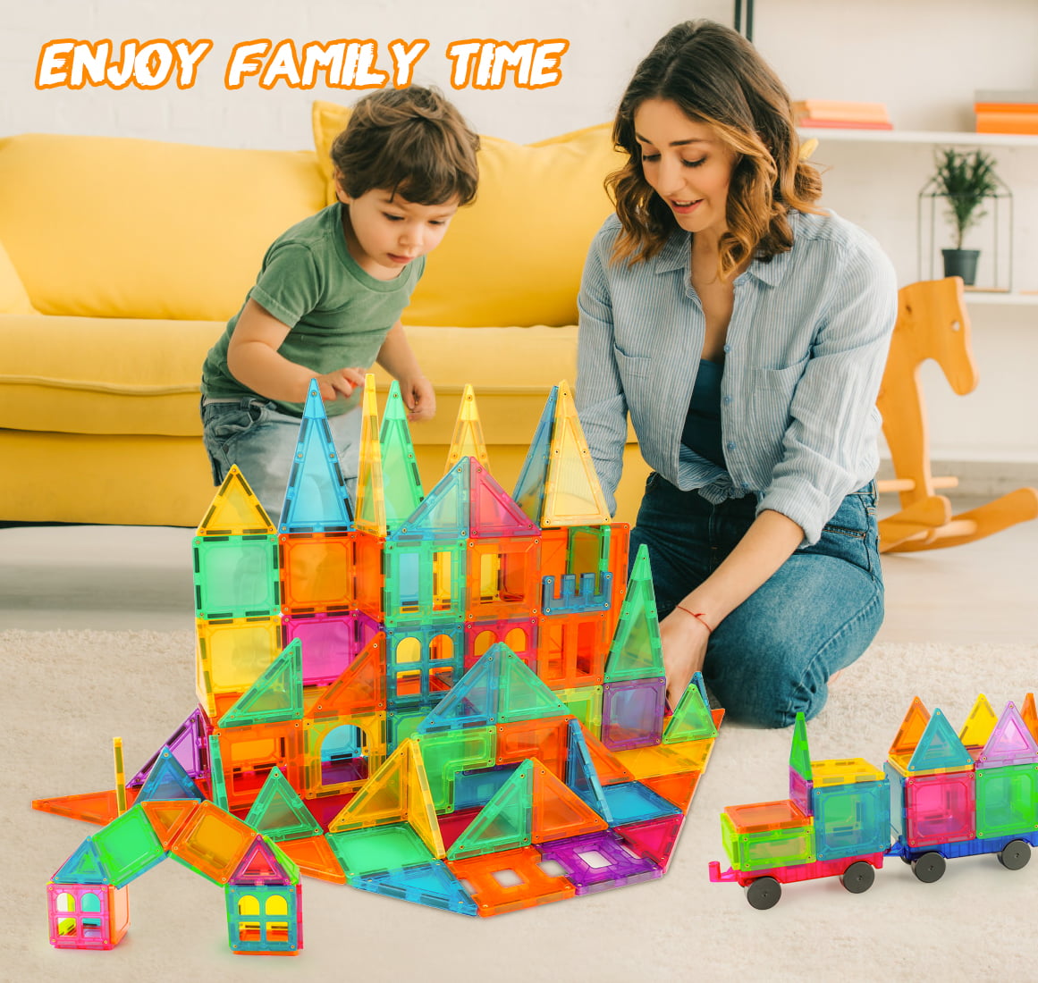 BMAG 120 Pcs 3D Color Magnet Building Tiles. Magnetic Building Blocks Set with 2 Car for Kids