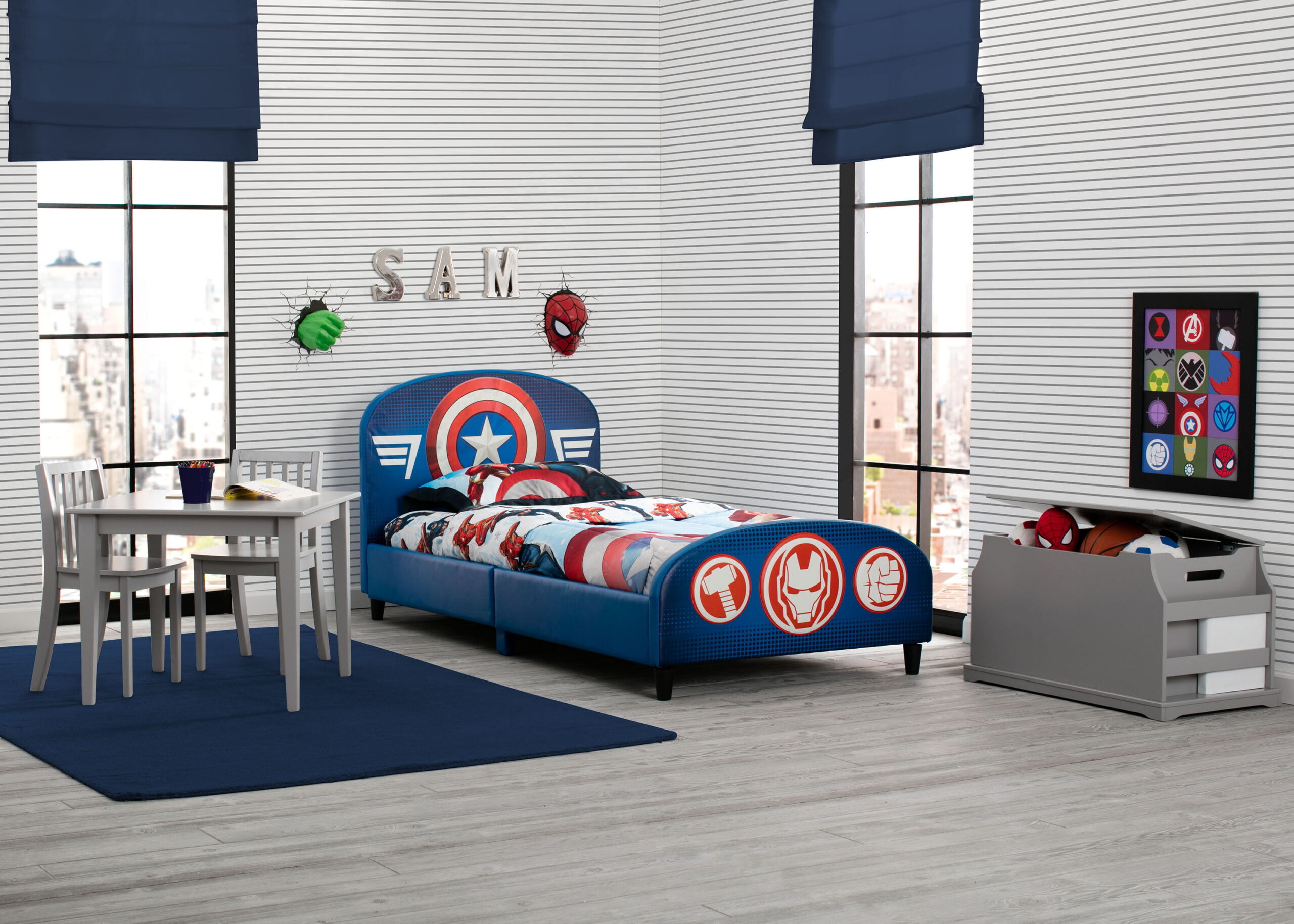 Delta Children Marvel Avengers Upholstered Twin Bed. with Thor. Iron Man. Hulk. & Captain America