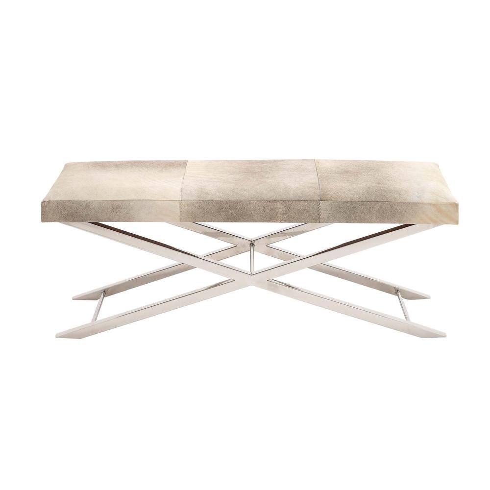 Litton Lane  Beige Bench with Hair on Hide Seat 18 in. X 46 in. X 16 in.