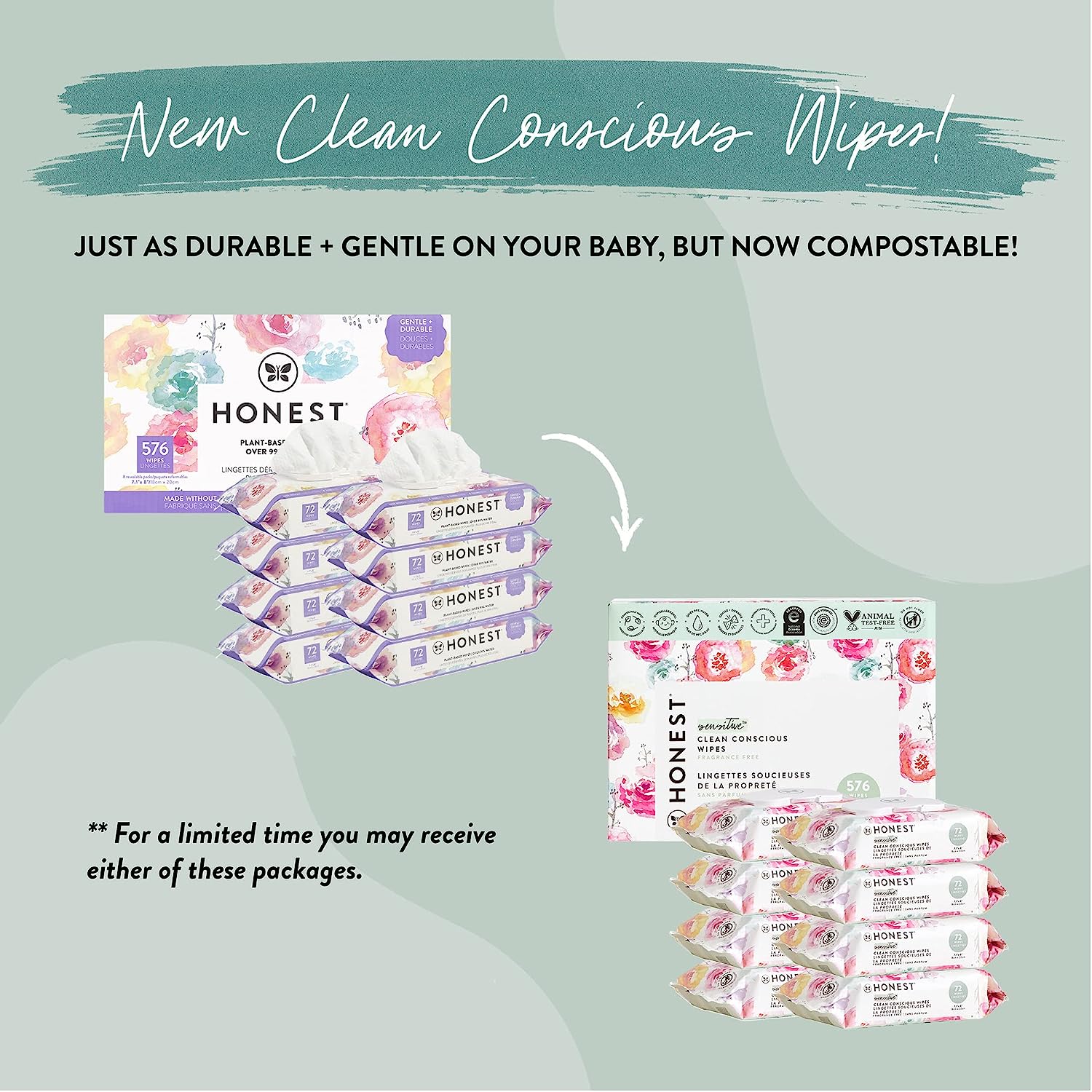The Honest Company Clean Conscious Wipes | 99% Water. Compostable. Plant-Based. Baby Wipes | Hypoallergenic. EWG Verified | Rose Blossom. 576 Count