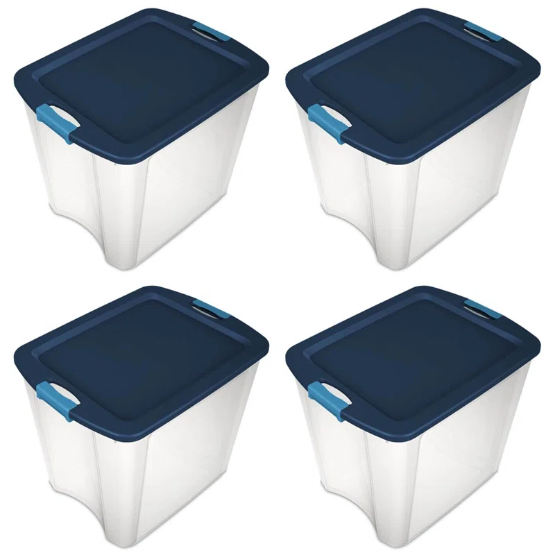 Sterilite 14489604 26 Gallon/98 Liter Latch and Carry. True Blue Lid and Clear Base with Blue Aquarium Latches. Pack of 4