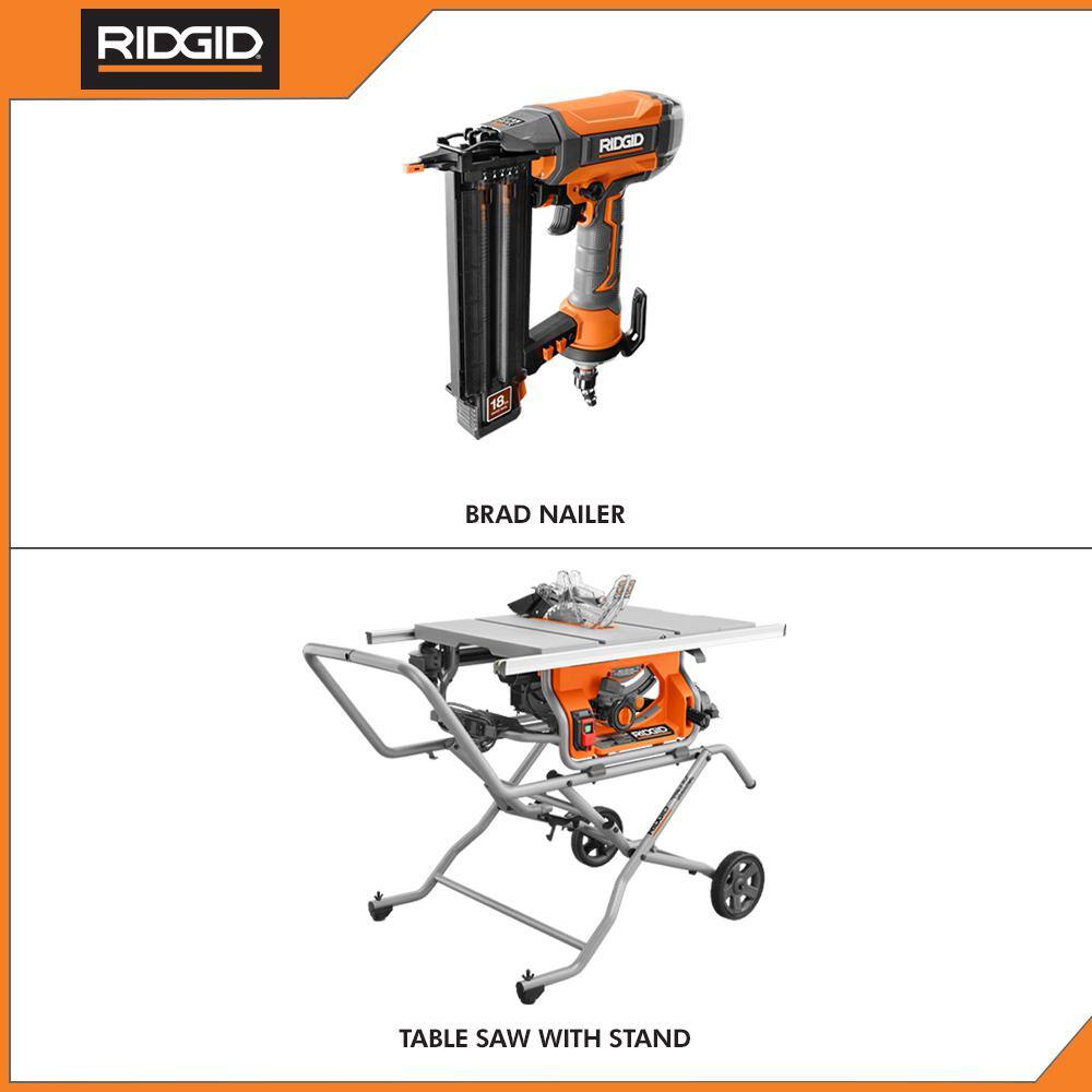 RIDGID R4514-R213BNF 15 Amp 10 in. Portable Pro Jobsite Table Saw with Rolling Stand and Pneumatic 18-Gauge 2-1/8 in. Brad Nailer