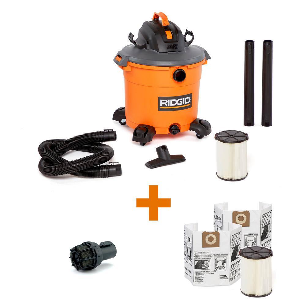 RIDGID HD1640A 16 Gallon 5.0 Peak HP NXT Wet/Dry Shop Vacuum with Two Filters. 2pk Dust Bags. Hose. Diffuser and Three Accessories