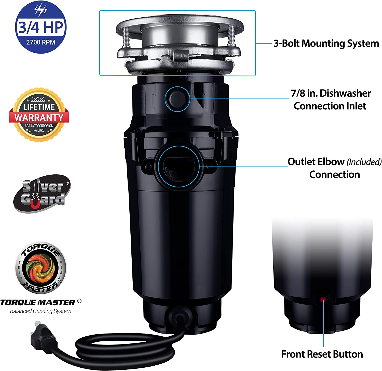 Waste Maid 10-US-WM-458-SL-3B Garbage Disposal Anti-Jam Stainless Steel Food Waste Grinding System. Odor Protection. 3/4 HP Slim Line. Black