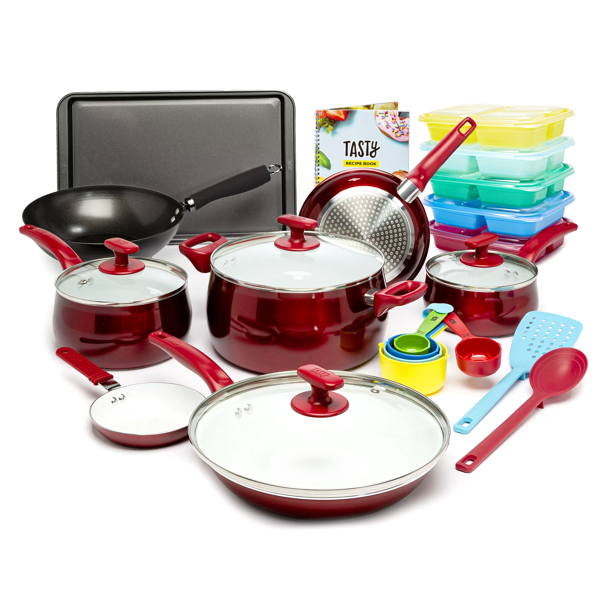 Tasty 24 Piece Titanium Ceramic Non-Stick Cookware Set. Dishwasher Safe. Red