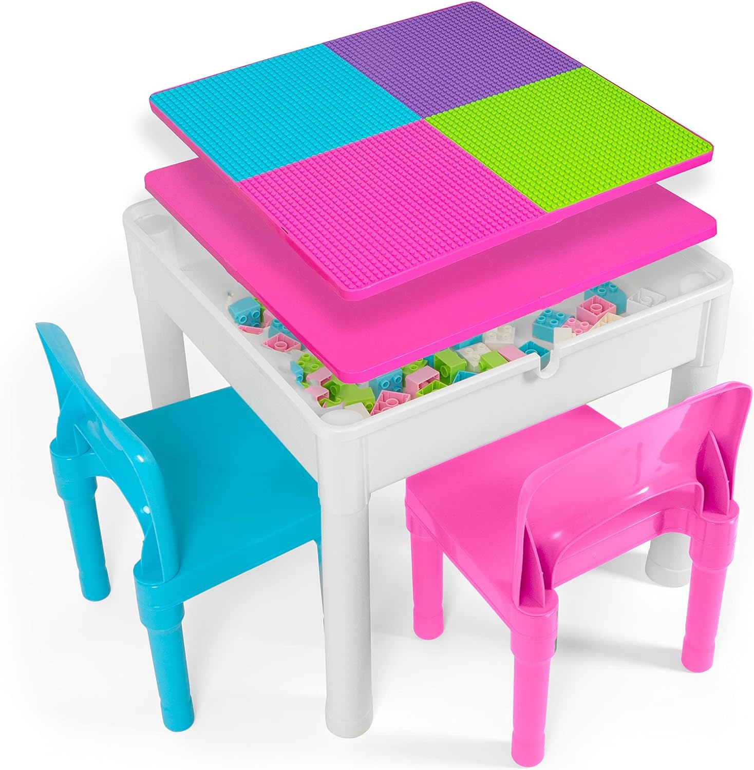 Play Platoon 5 in 1 Kids Sensory Activity Table and Chair Set- Toddler Table and Chairs with Water Table. Building Block Table. Craft & Sensory Table for Toddlers with 2 Chairs & 25 XL Blocks. Pastel
