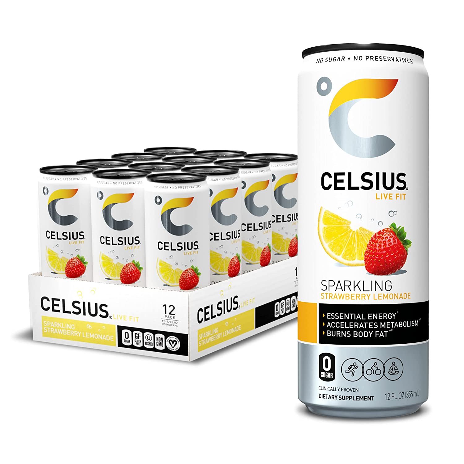 CELSIUS Essential Energy Drink 12 Fl Oz. Zero Sugar. Sparkling Strawberry Lemonade (Pack of 12)