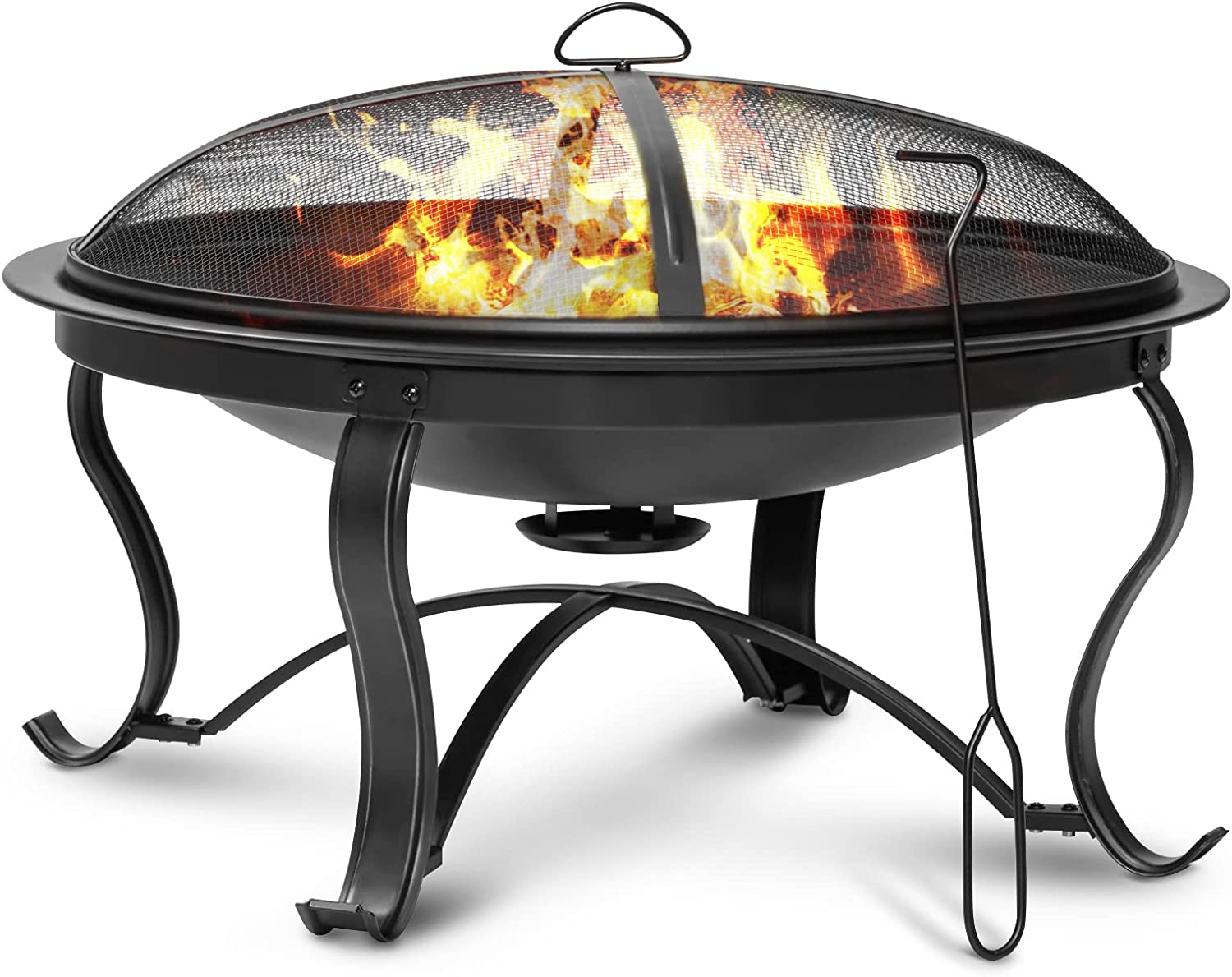 SINGLYFIRE 29 inch Fire Pits for Outside Firepit Outdoor Wood Burning Bonfire Pit Steel Firepit Bowl for Patio Backyard Camping.with Ash Plate.Spark Screen.Log Grate.Poker