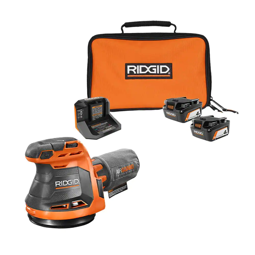 RIDGID R8606B-AC93044SBN 18V Cordless 5 in. Random Orbit Sander with (2) 4.0 Ah Batteries. 18V Charger. and Bag