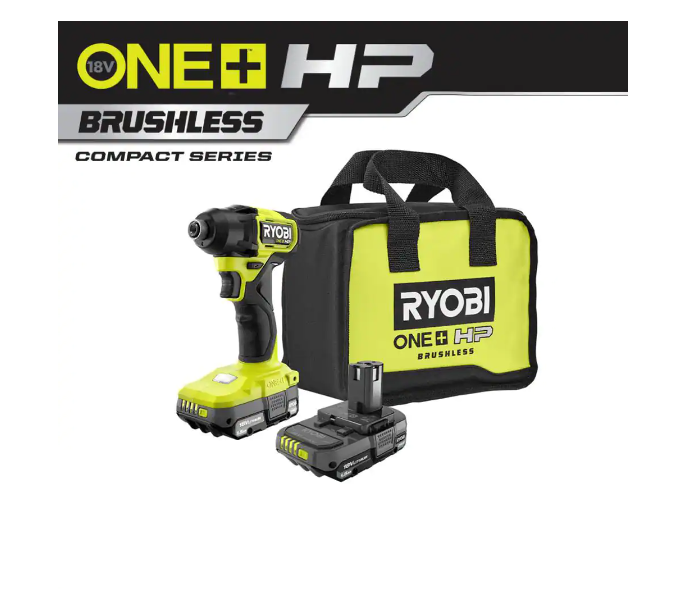 RYOBI PSBID01K ONE+ HP 18V Brushless Cordless Compact 1/4 in. Impact Driver Kit with (2) 1.5 Ah Batteries. Charger and Bag