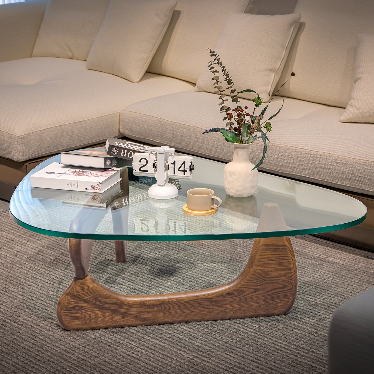 Furgle 50″ Triangle Glass Coffee Table with Wood Base for Living Room Office. Light Walnut