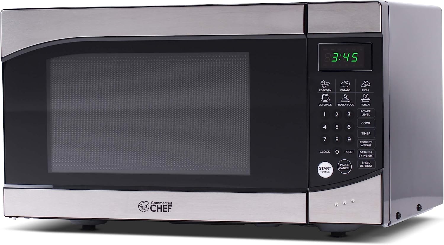 Countertop 0.9 Cubic Feet Microwave Oven. 900 Watt. Stainless Steel Front with Black Cabinet. Commercial Chef CHM009