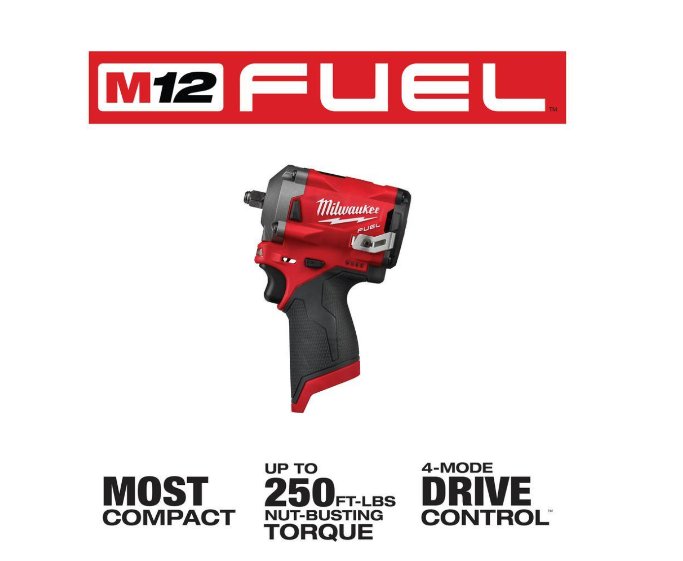 Milwaukee 2554-20-2557-20-48-59-2440 M12 FUEL 12V Lithium-Ion Brushless Cordless Stubby 3/8 in. Impact Wrench & 3/8 in. Ratchet Kit w/Battery & Charger