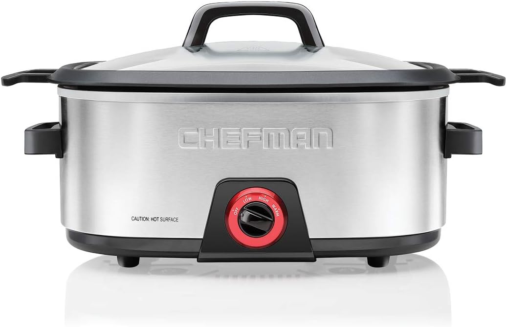 Chefman 6-Quart Slow Cooker. Electric Countertop Cooking. Stovetop & Oven-Safe Removable Insert for Browning & Sautéing. Family-Size Soups & Stews. Nonstick & Dishwasher-Safe Interior.Stainless Steel