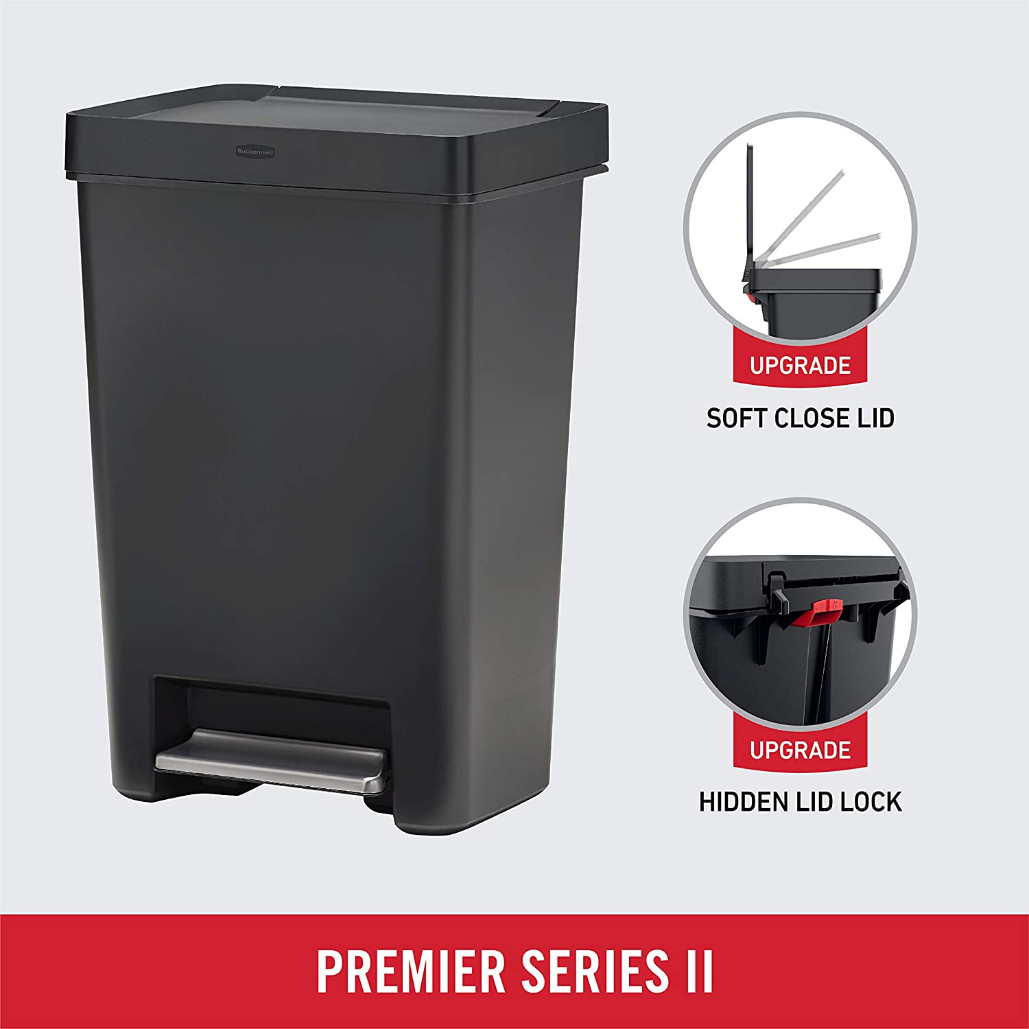 Rubbermaid Premier Series II Step-On Trash Can for Home and Kitchen. with Lid Lock and Slow Close. 13 Gallon. Charcoal
