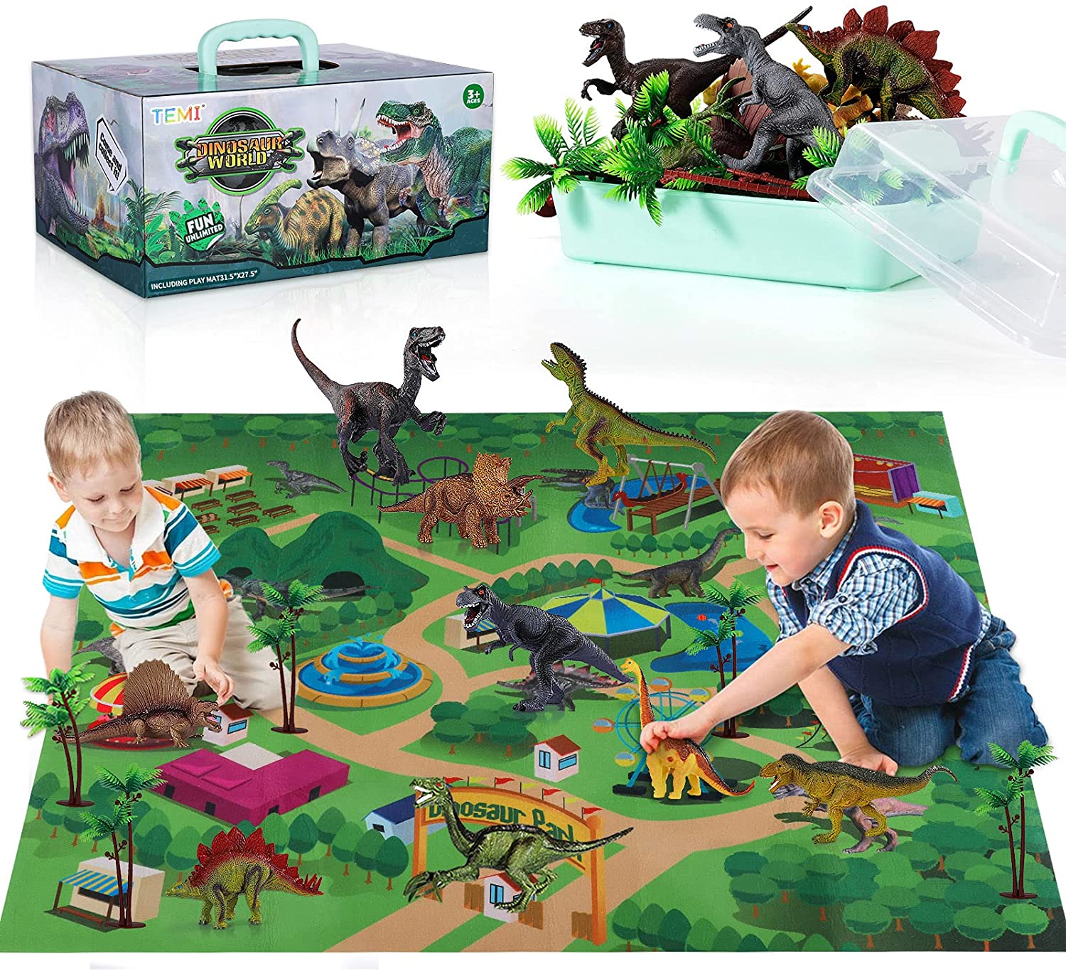 TEMI Dinosaur Toy Figure w/ Activity Play Mat & Trees