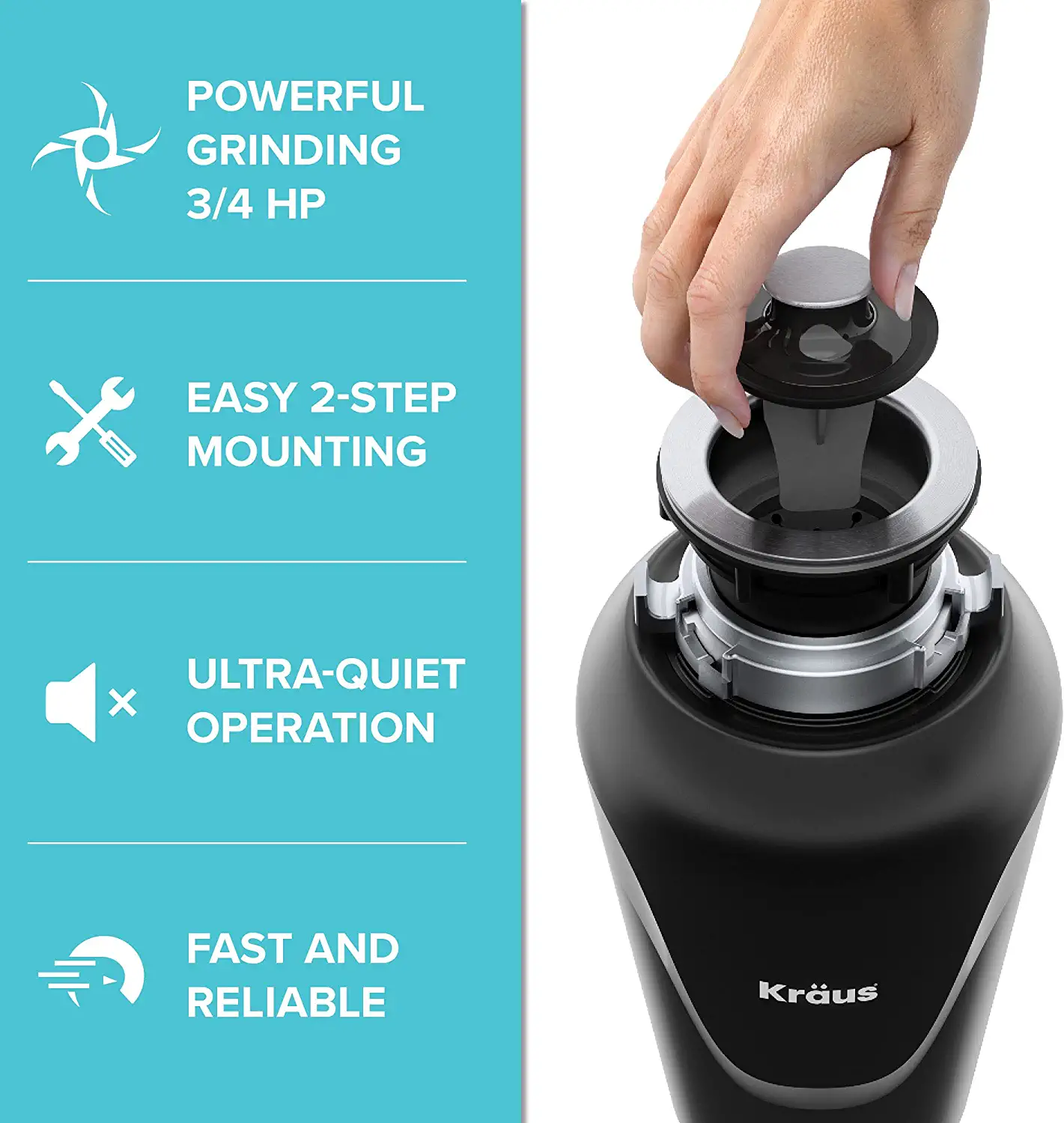 Kraus KWD100-75MBL WasteGuard Corded 3/4-HP Continuous Feed Noise Insulation Garbage Disposal