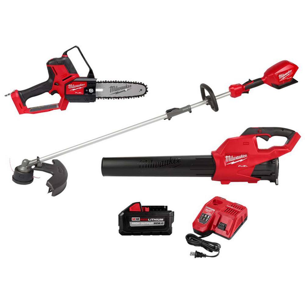 Milwaukee 3004-20-3000-21 M18 FUEL 8 in. 18V Lith-Ion Brushless Electric Battery Chainsaw HATCHET w/M18 String Trimmer Blower Combo Kit (3-Tool)
