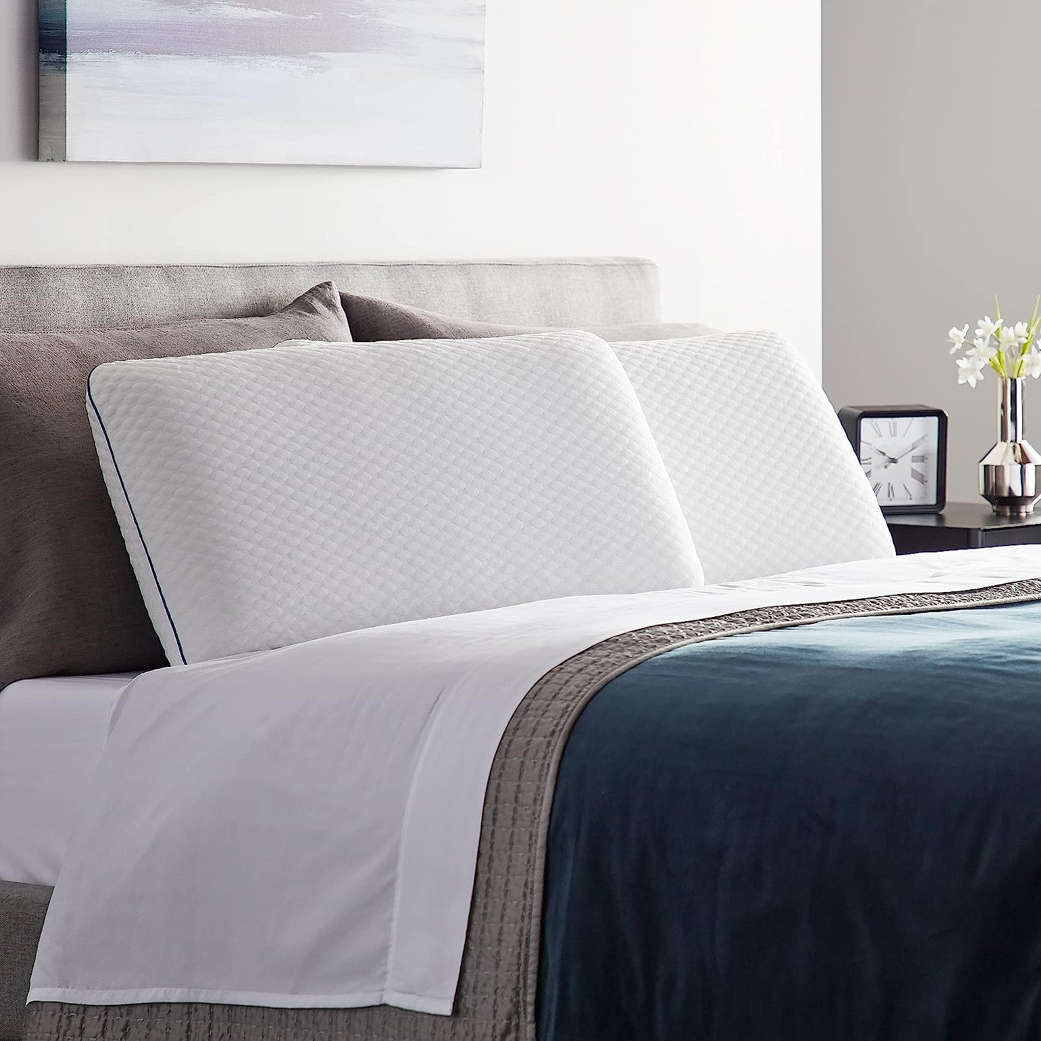 Weekender Gel Memory Foam Pillow – Cooling & Ventilated - 2 Pack Queen Size - Premium Washable Cover White. Blue