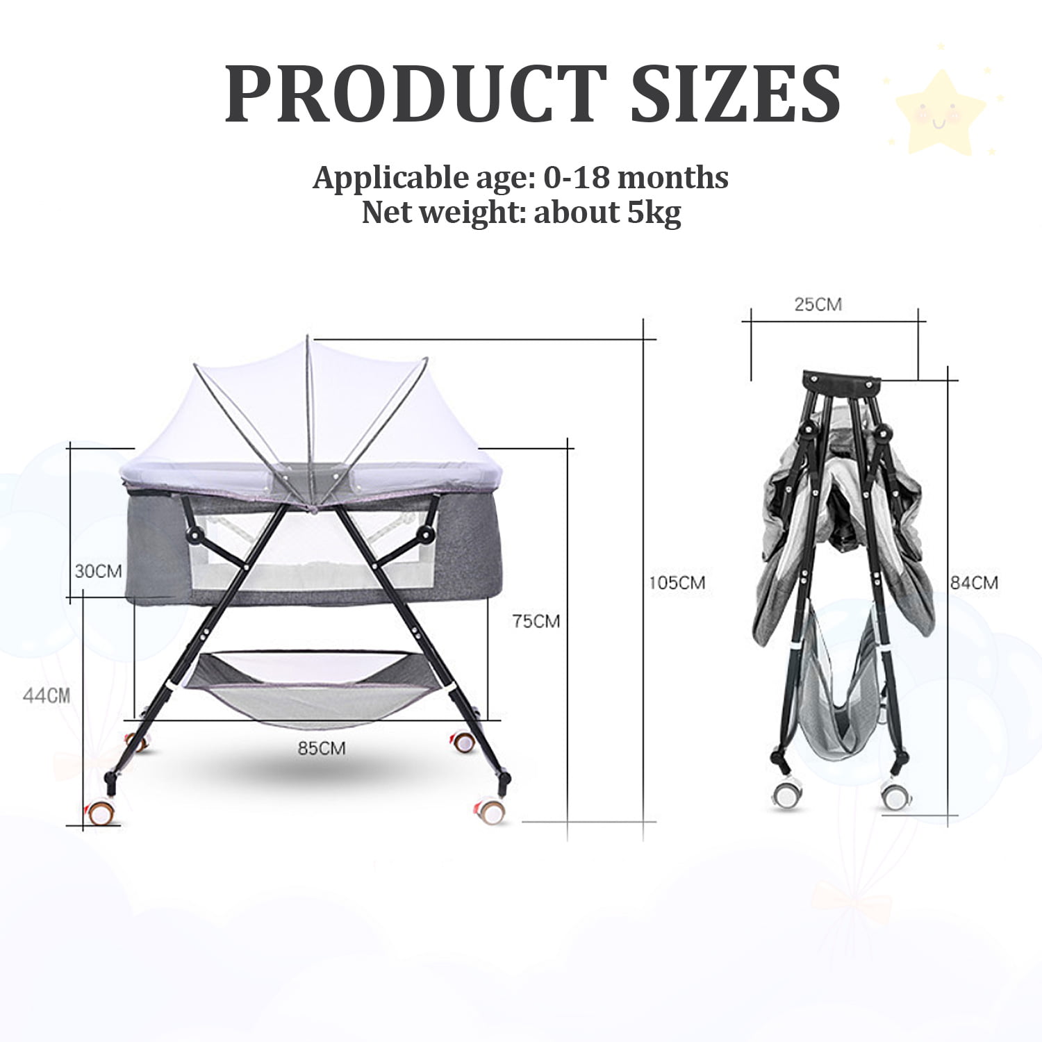 Bassinet for Babies. Yadala 4 in 1 Portable Rocking Bassinet. Quick-Fold Crib for Newborn Girl Boy Infant. Grey