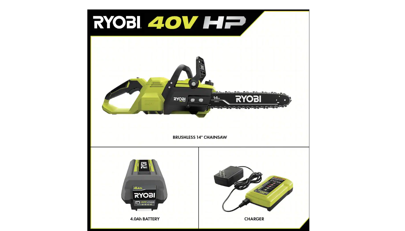 RYOBI RY405100 40V HP Brushless 14 in. Electric Cordless Chainsaw with 4.0 Ah Battery and Charger