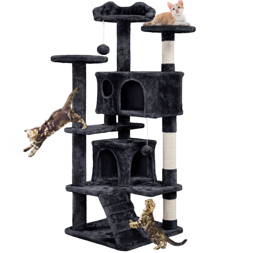 Easyfashion Cat Tree Condo Tower with Scratching Post fot Kittens. Brown. 54″ H