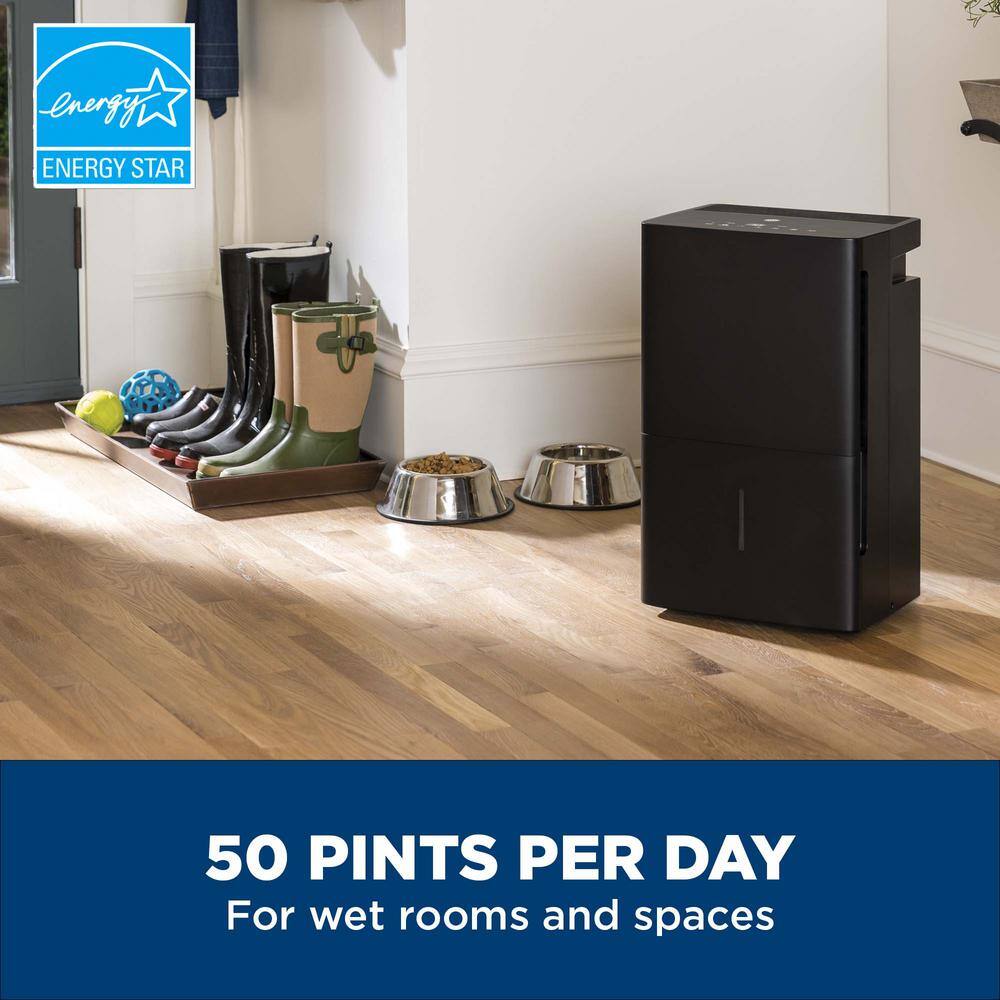 GE ADEL50LZ 50 pt. Dehumidifier for Basement. Garage or Wet Rooms up to 4500 sq. ft. in Black. Three Fan Speeds. ENERGY STAR