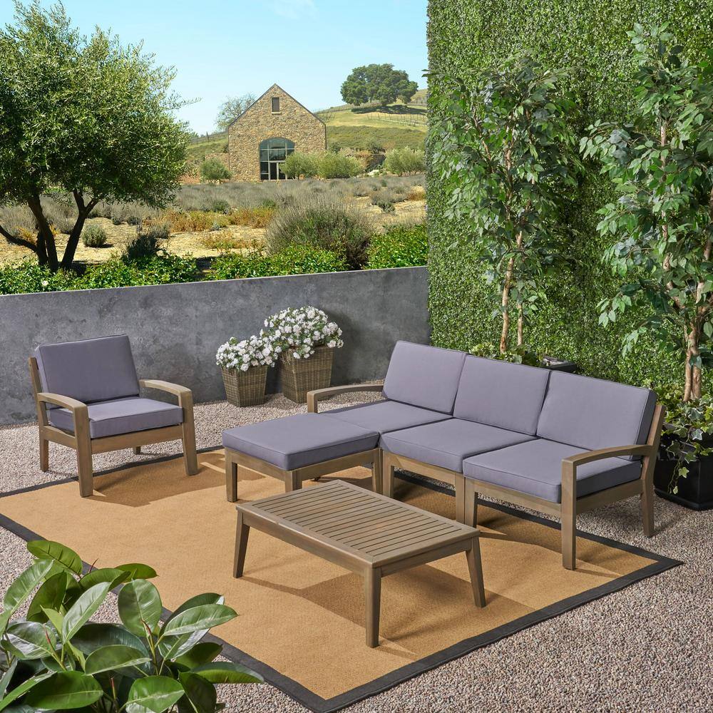 Noble House  Grenada Gray 6-Piece Acacia Wood Patio Conversation Sectional Seating Set with Dark Gray Cushions