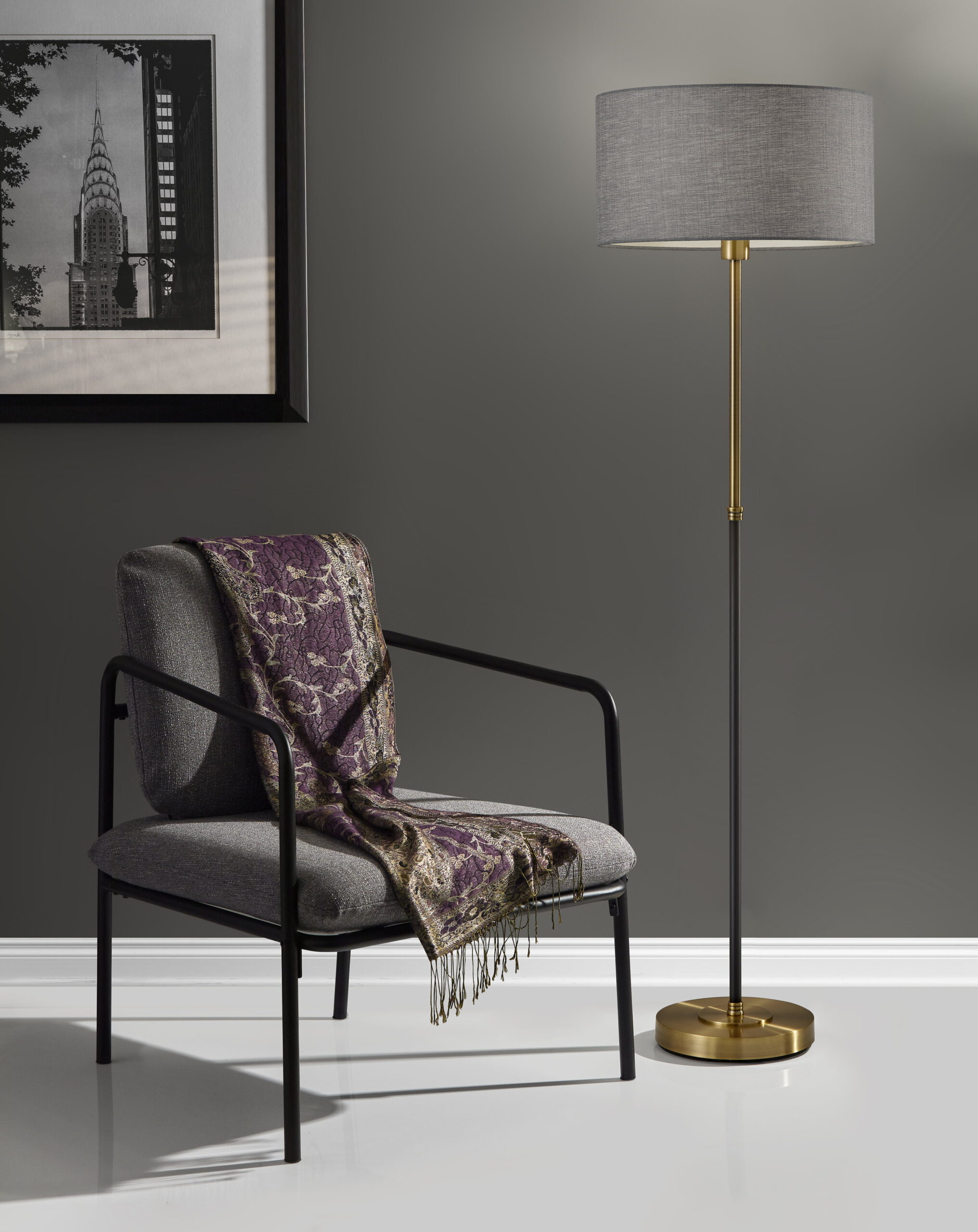 Adesso Bergen Floor Lamp. Black and Antique Brass