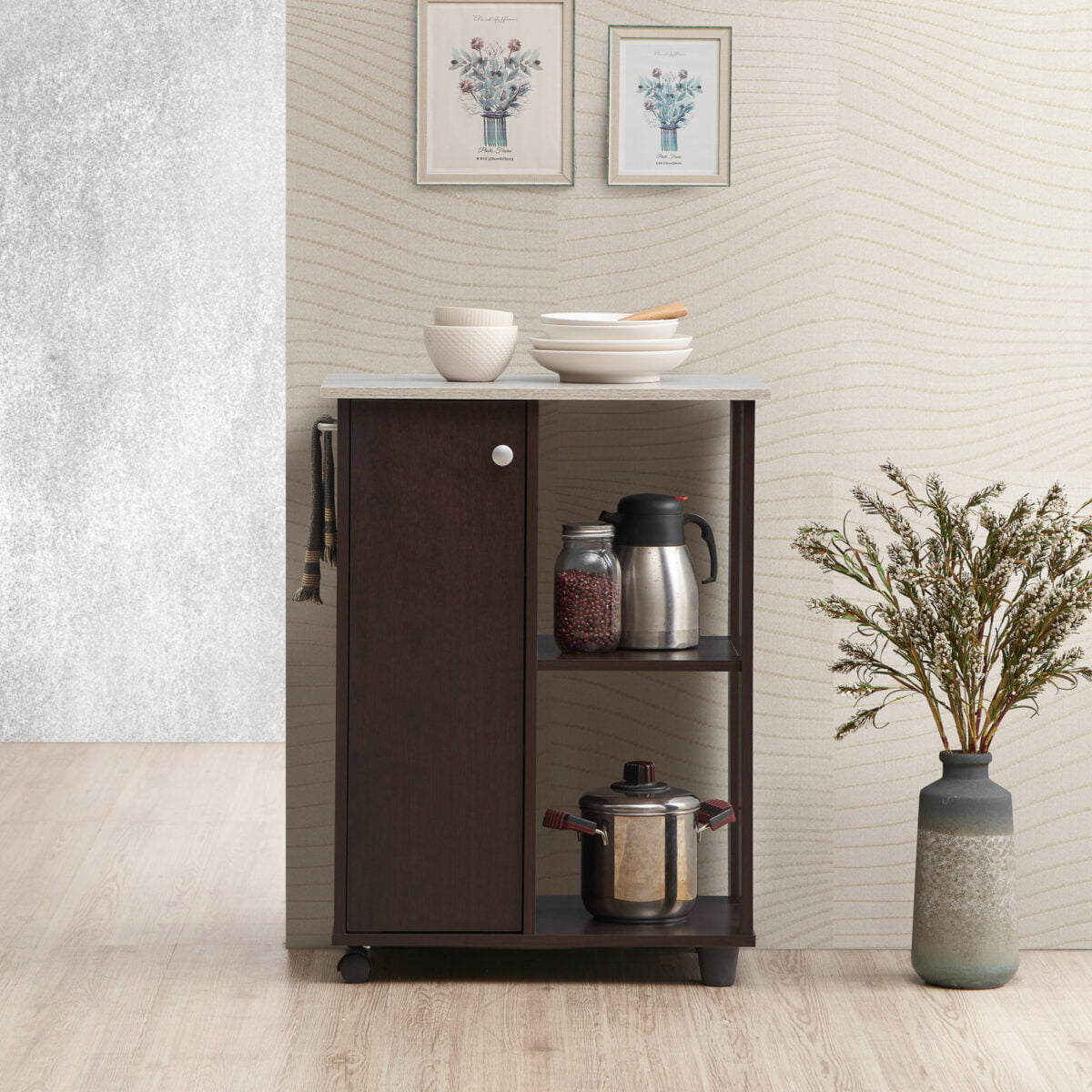 Hodedah 23.6″ Wide Open Shelves and Cabinet Space Kitchen Cart. Chocolate-Grey